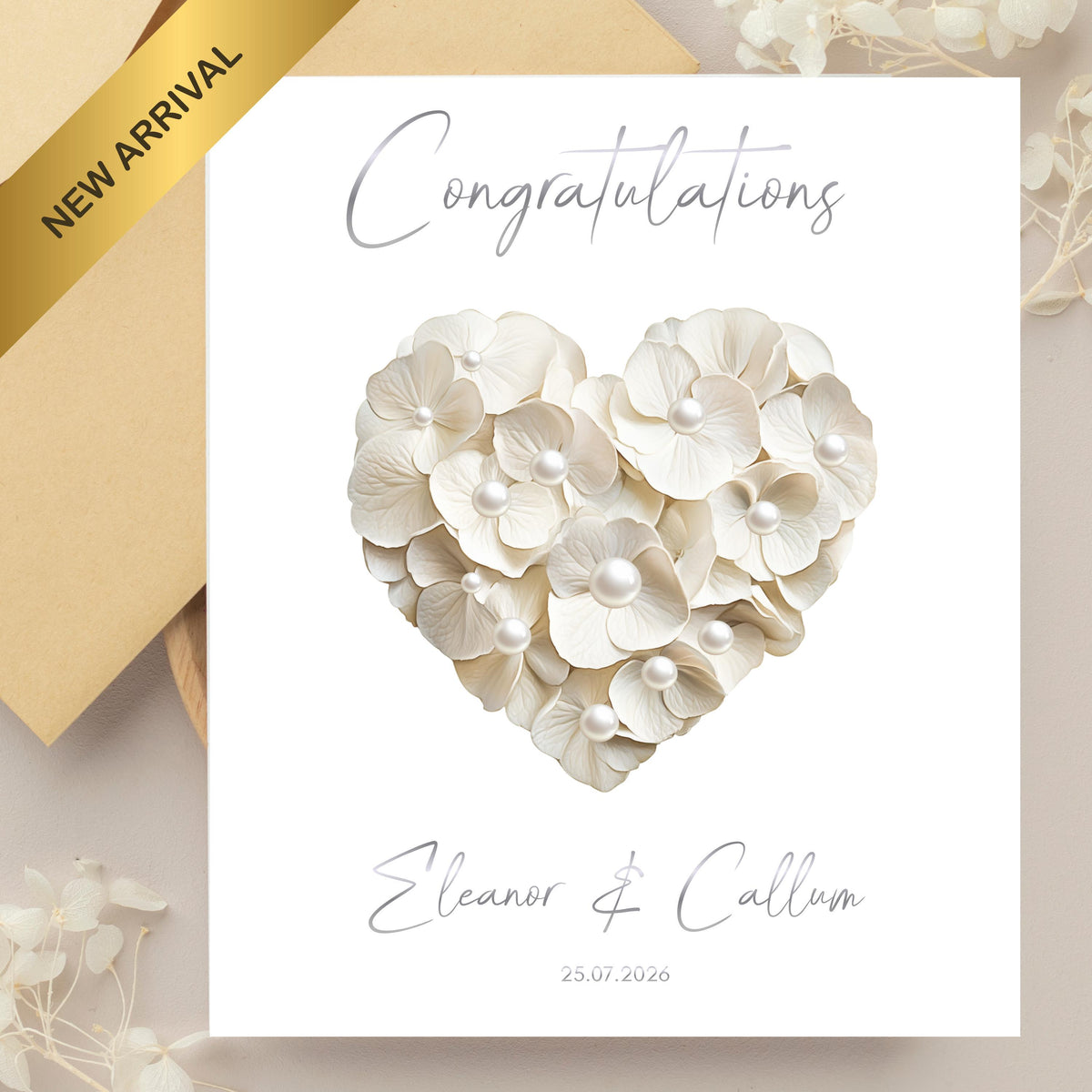 Custom Wedding Card, Gold Foil, Faux Pearls, Names and Date Included