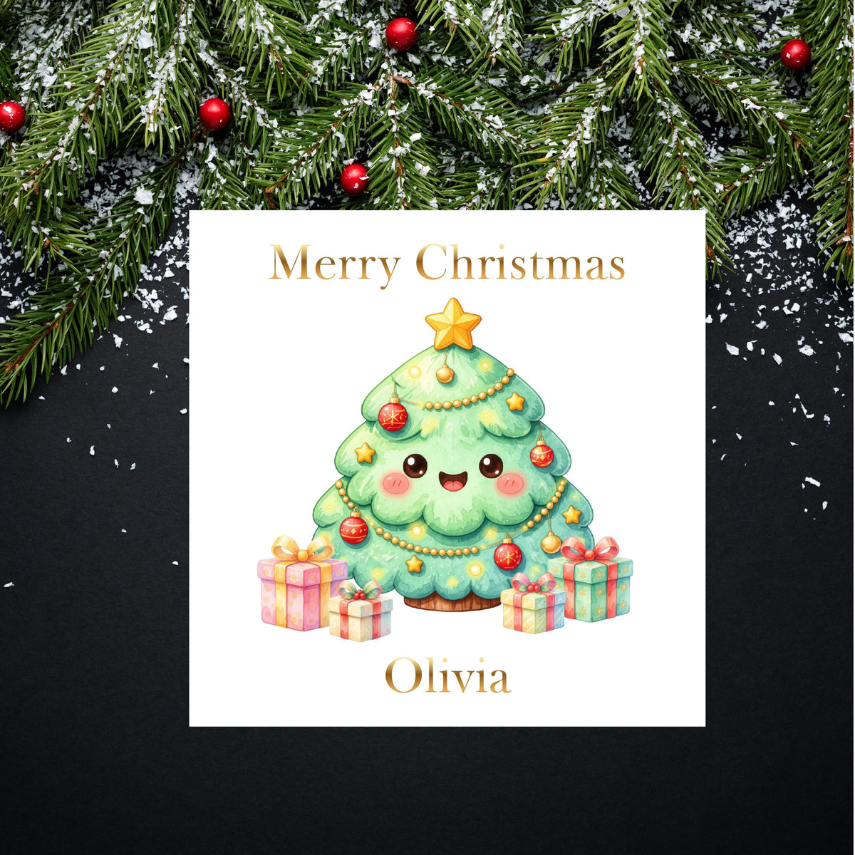 Personalised Name Christmas Tree Card, Gold Foil Finish