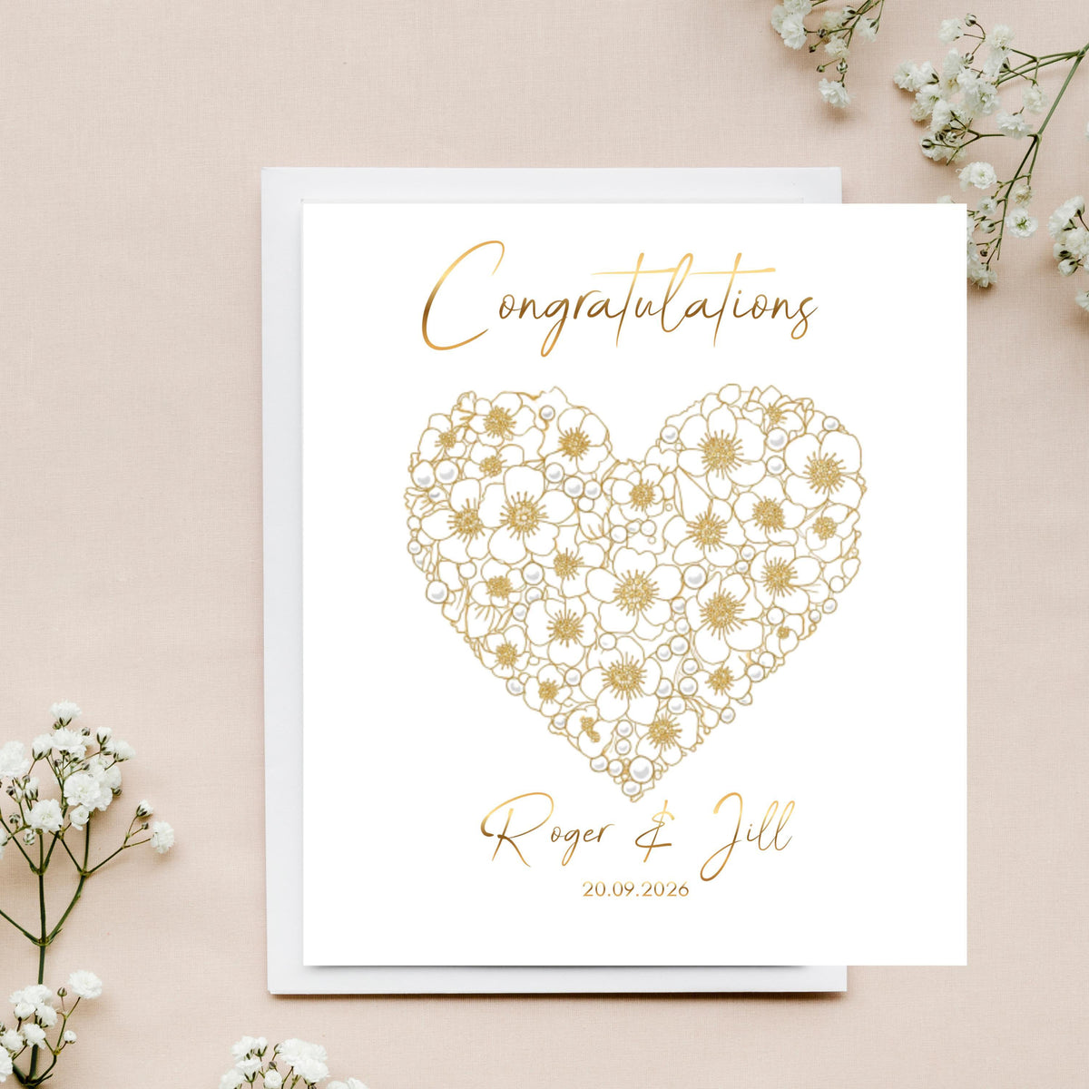 Personalized Wedding Card with Gold Foil Finish, Custom Names and Date