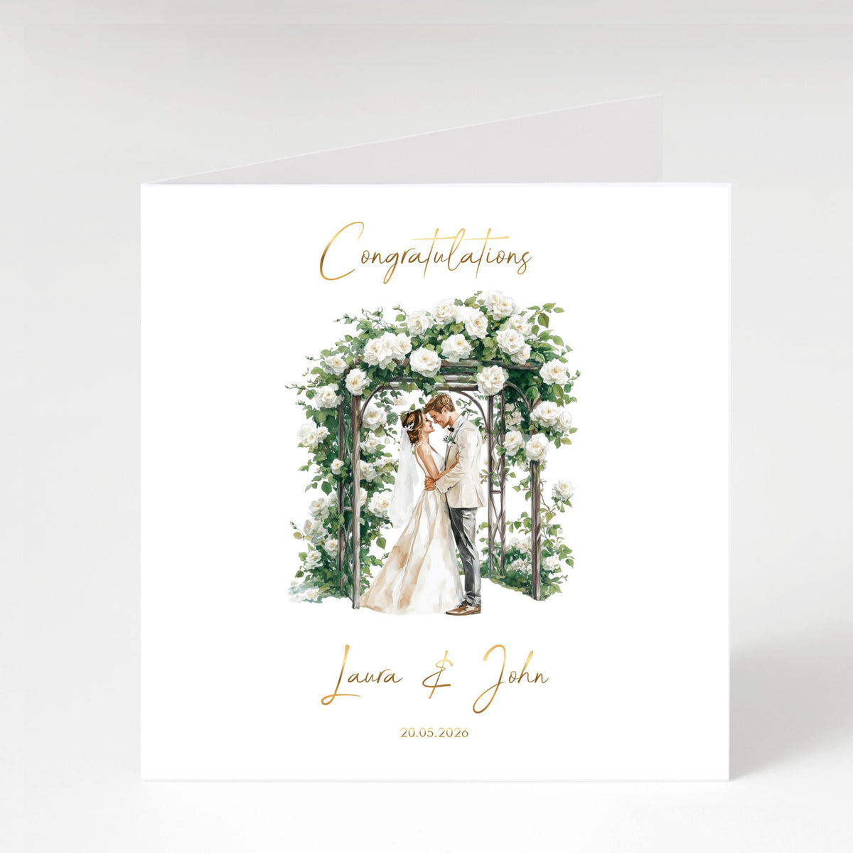 Custom Wedding Card with Couple's Names and Date, Floral Church Design