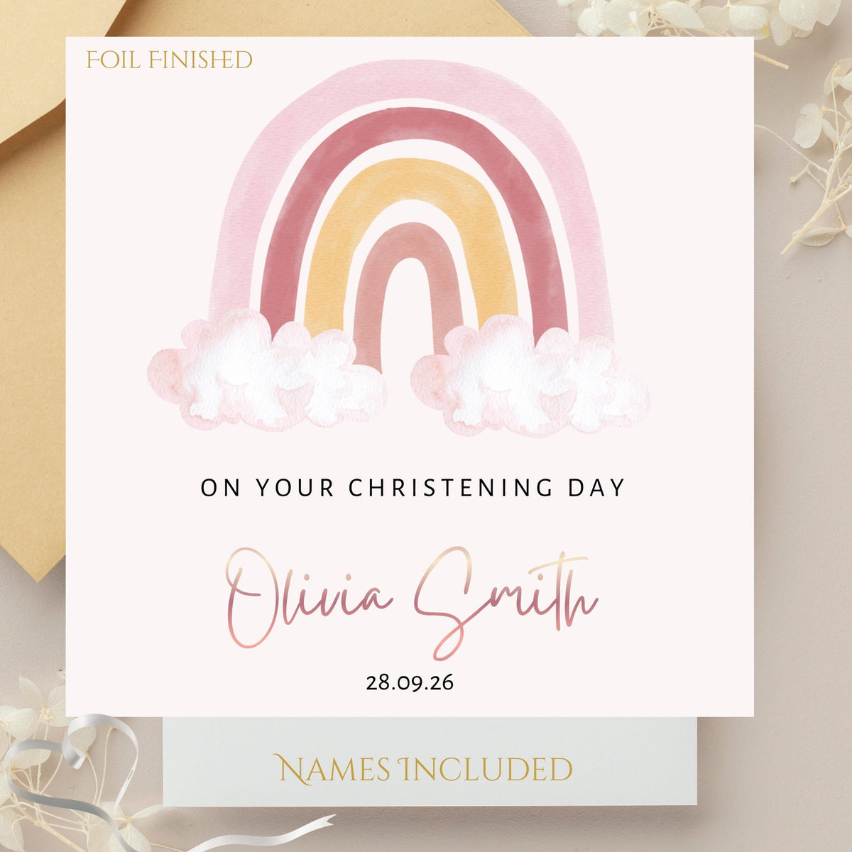 Personalised Rainbow Girls Christening Card with Rose Gold Name Custom Date