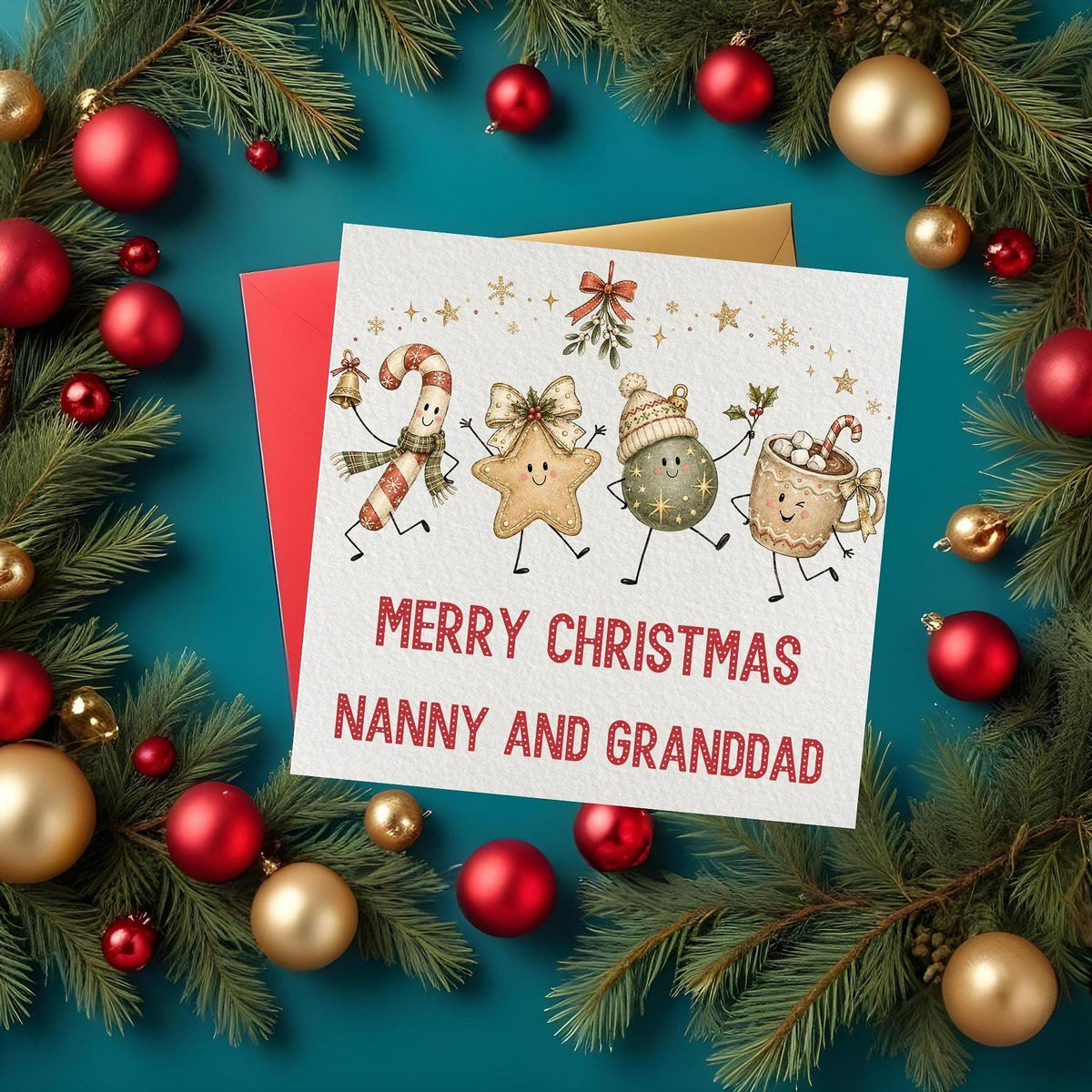 Personalized Family Christmas Card, Illustrated Holiday Scene with Names, 6x6 Paper And Cardstock