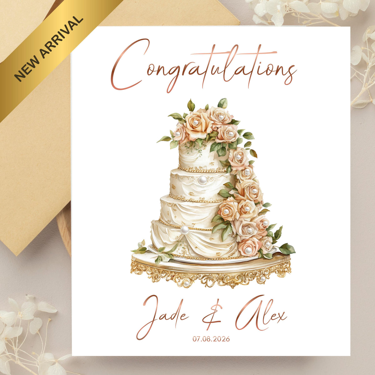 Personalized Wedding Card with Foil Finish and Faux Pearls, Custom Names and Date