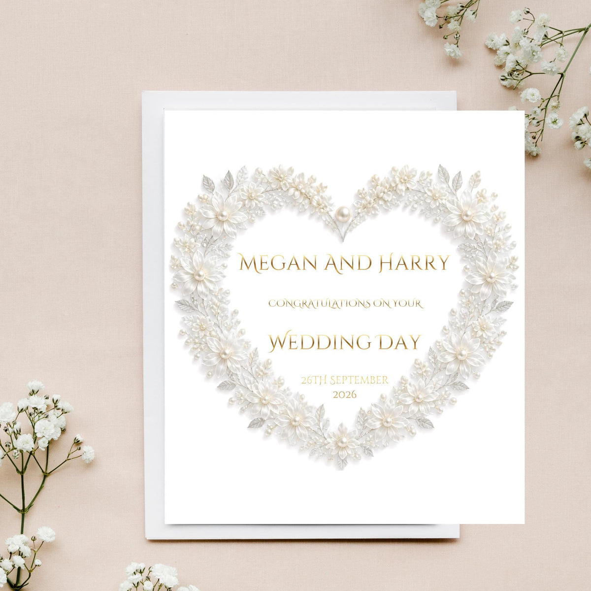 Custom Wedding Card with Foil Finish and Faux Pearl Accents