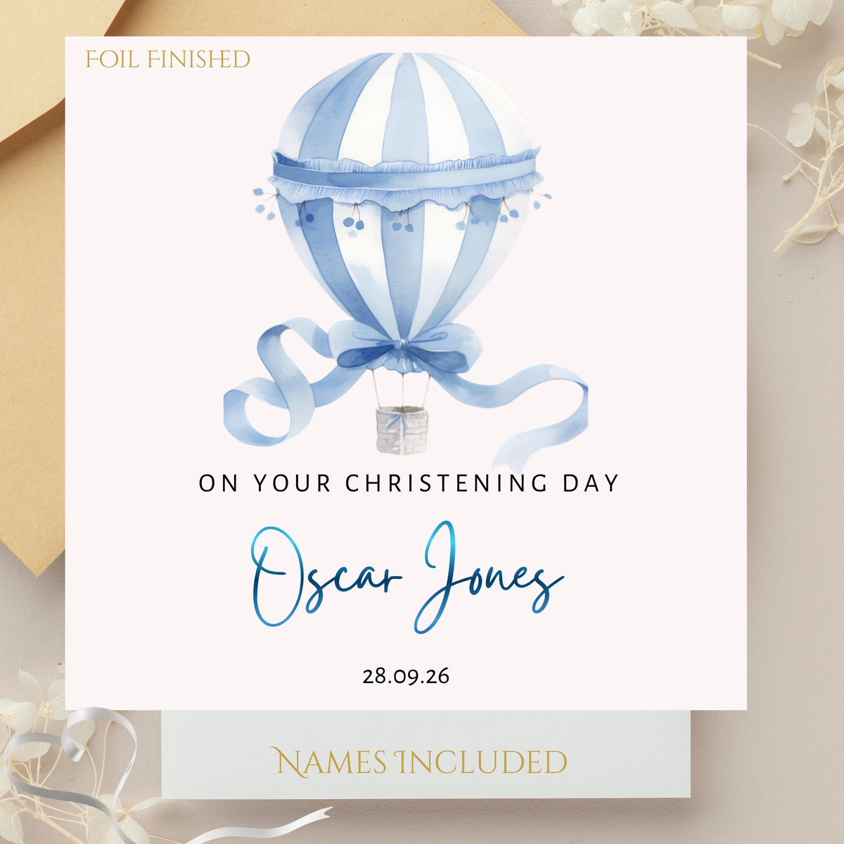 Personalised Boys Christening Card with Foil Finish and Custom Date
