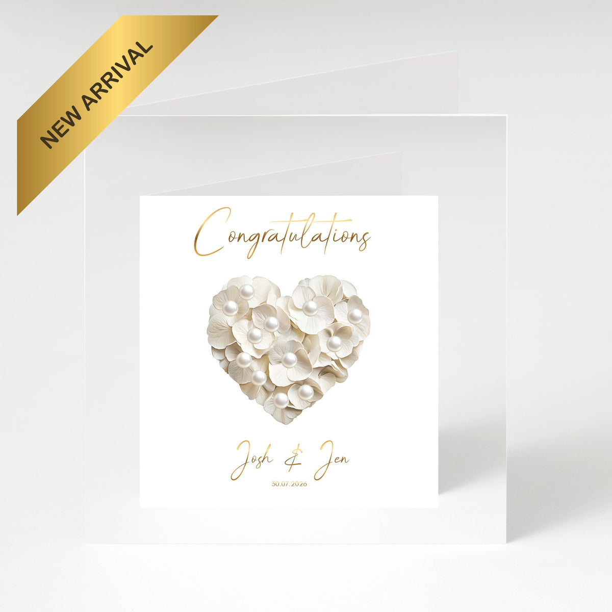 Custom Wedding Card, Gold Foil, Faux Pearls, Names and Date Included