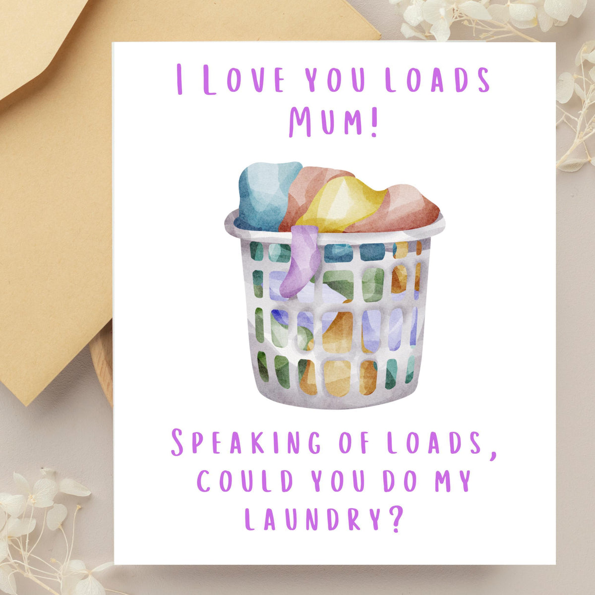 Humorous Laundry Card for Mum, Colorful Basket Illustration, Blank Inside