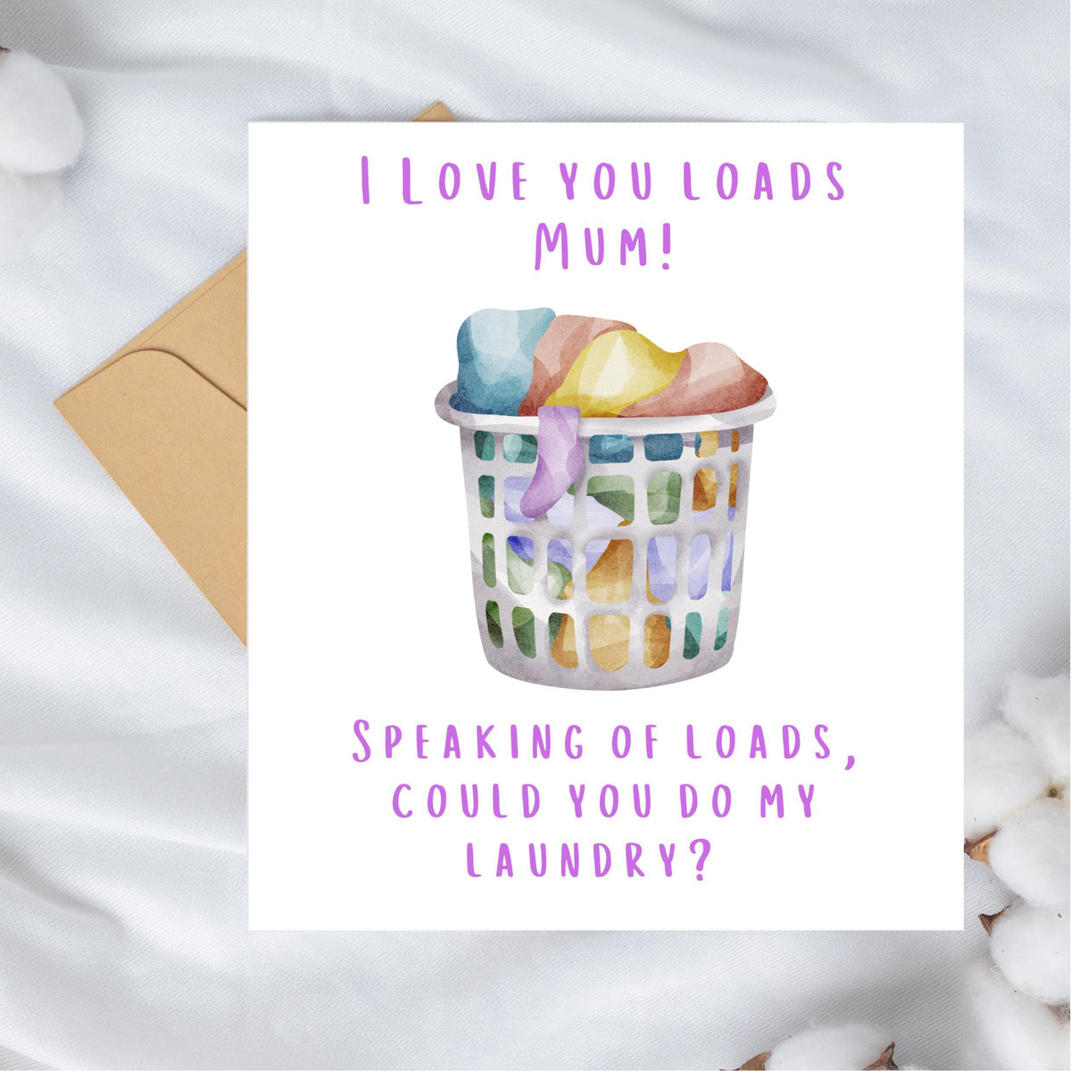 Humorous Laundry Card for Mum, Colorful Basket Illustration, Blank Inside