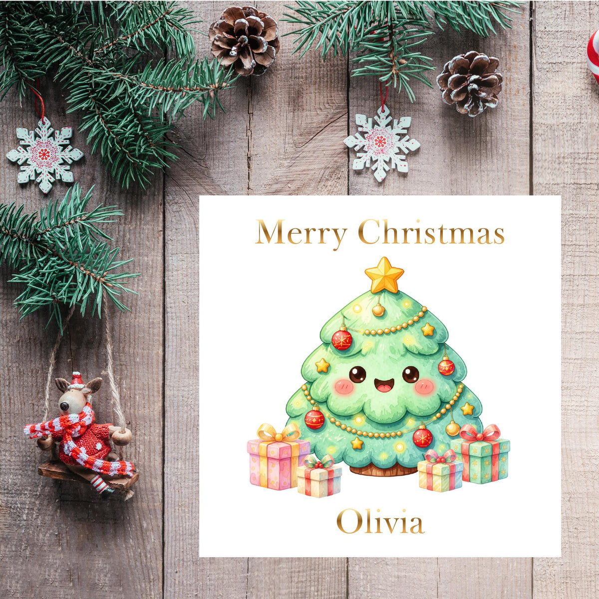 Personalised Name Christmas Tree Card, Gold Foil Finish