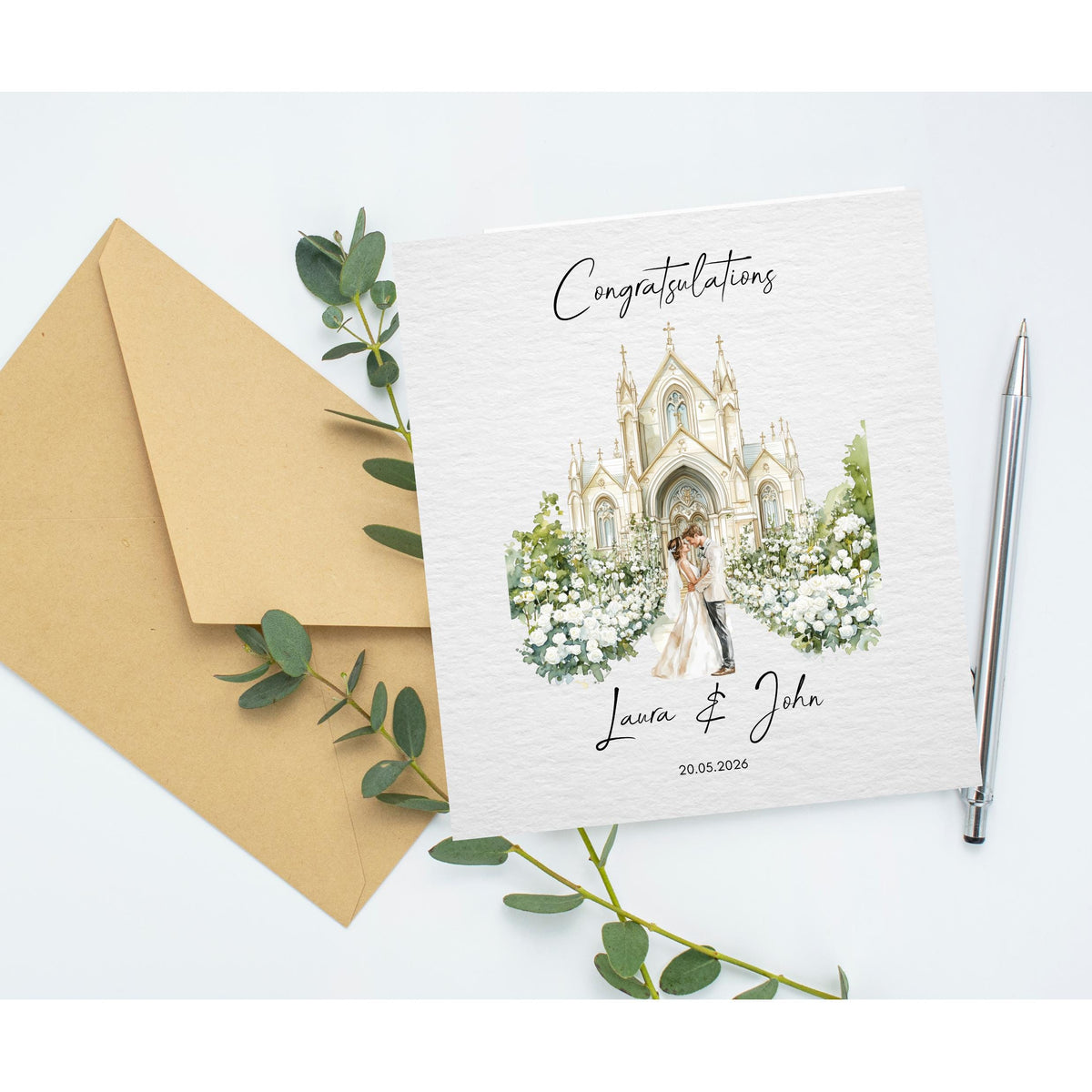 Custom Wedding Card with Couple's Names and Date, Floral Church Design
