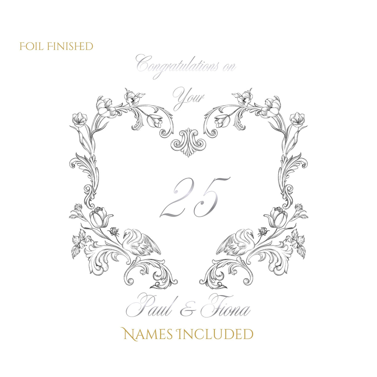 25Th Anniversary Card with Silver Foiled Design, Personalized Floral Keepsake