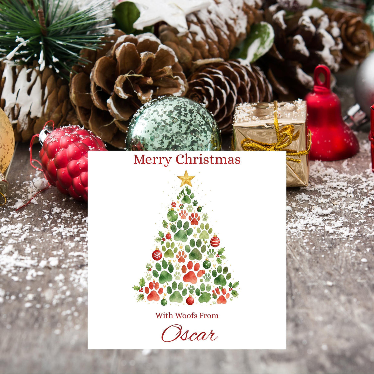 Pet Christmas Card, Custom Pet Name Paw Print Design, Foil Finish