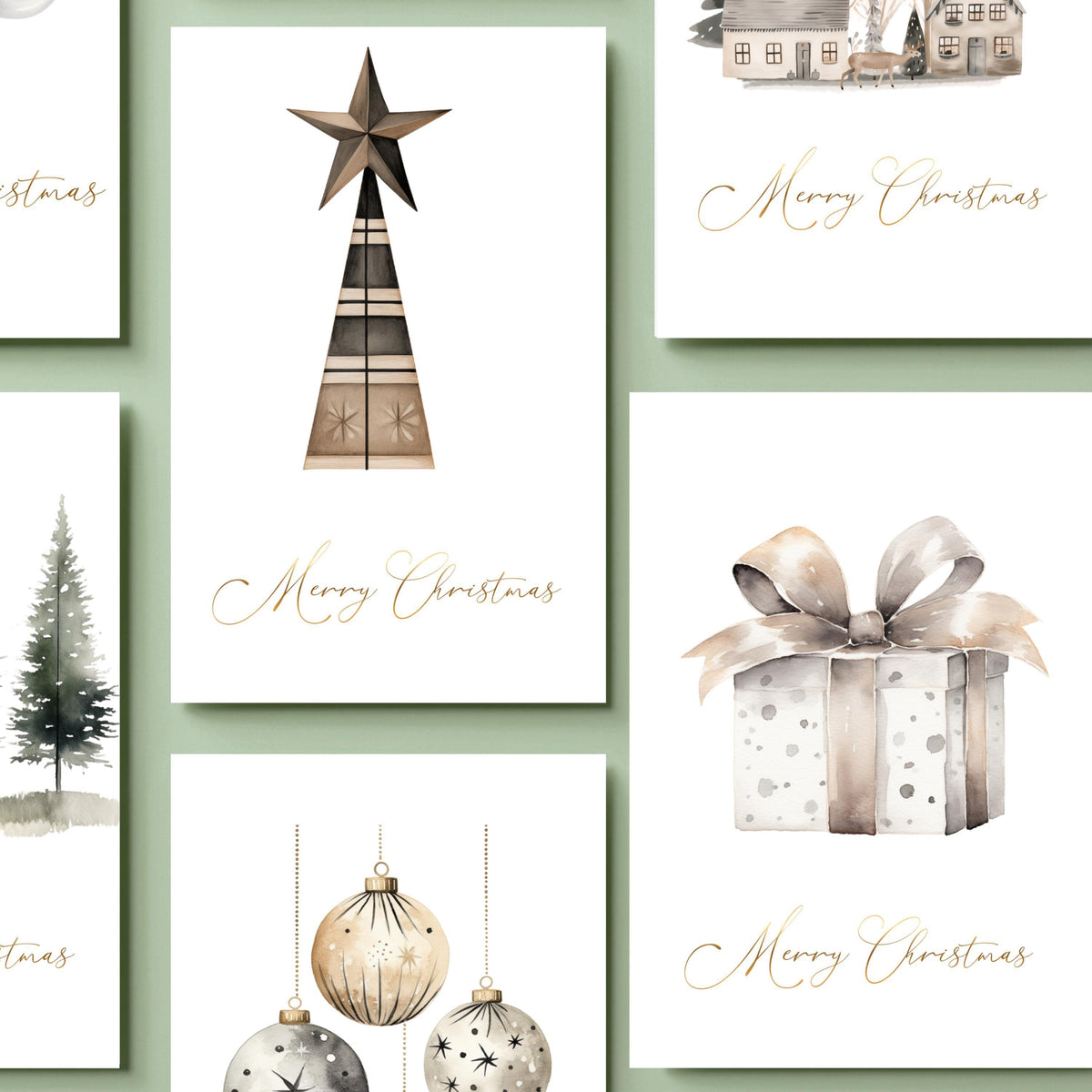 Foil Card Bundle, Six Paper Pieces with Scandinavian Evergreen Design