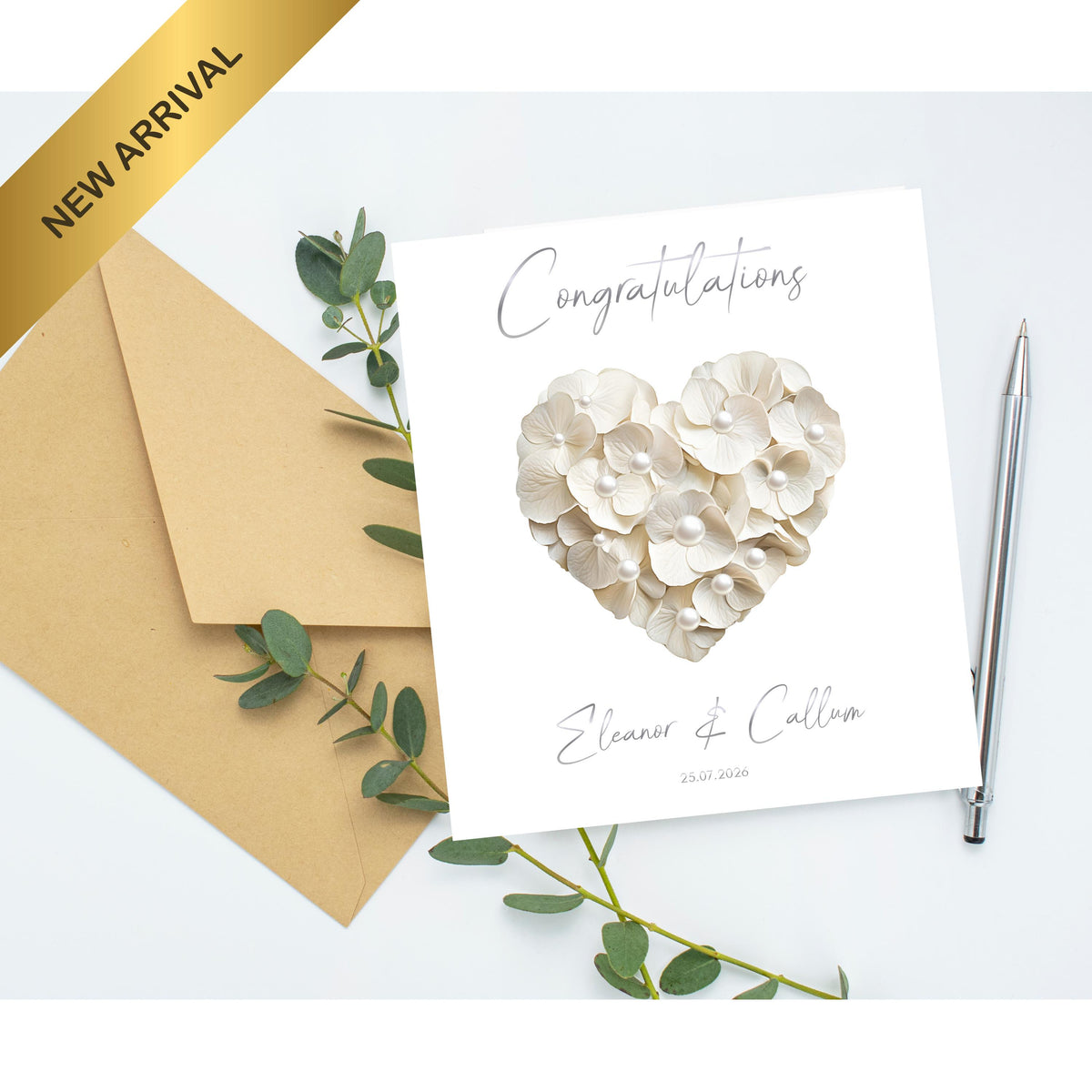 Custom Wedding Card, Gold Foil, Faux Pearls, Names and Date Included
