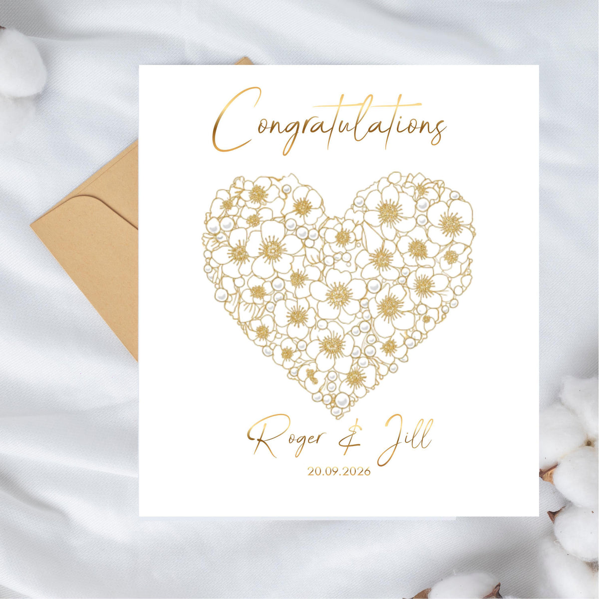 Personalized Wedding Card with Gold Foil Finish, Custom Names and Date