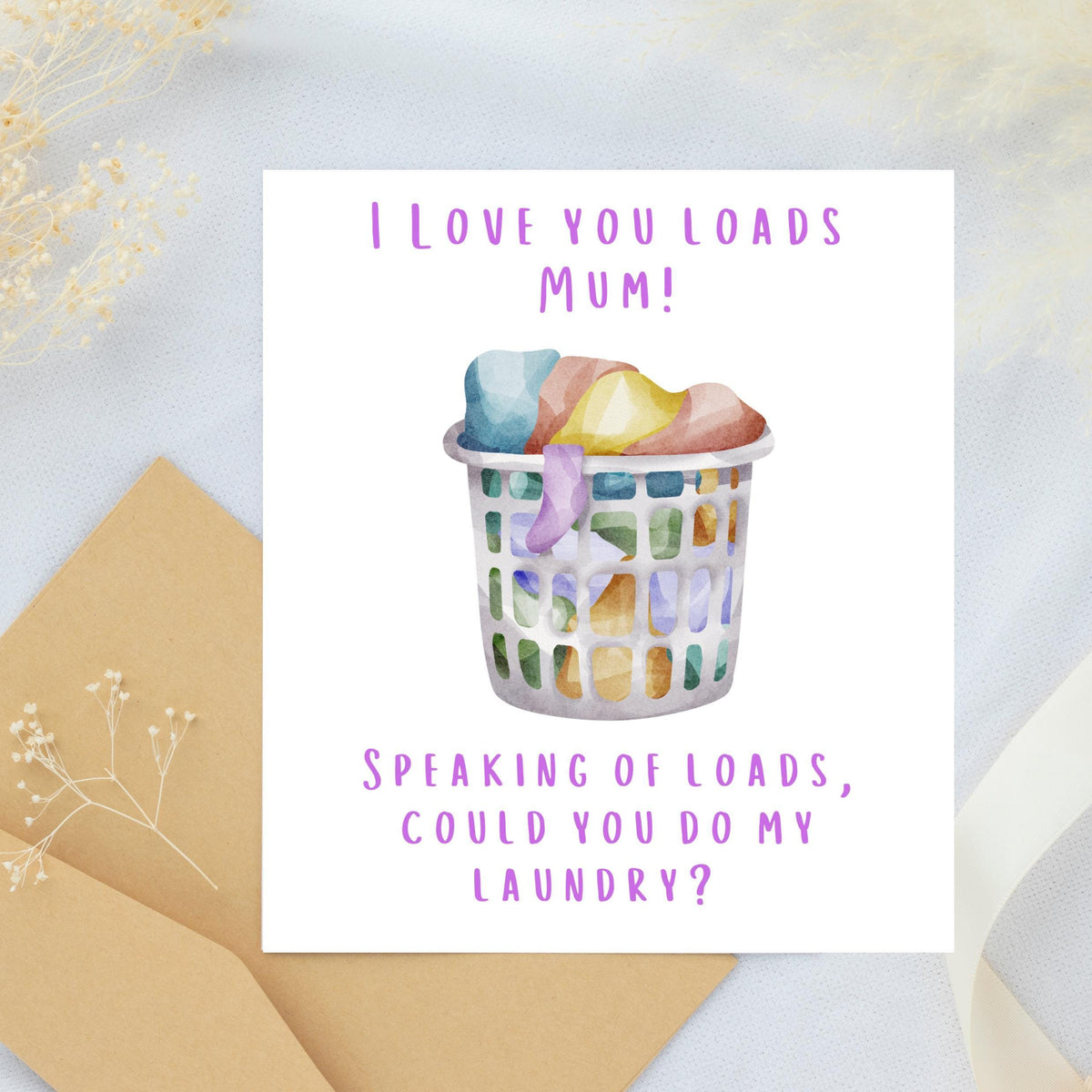 Humorous Laundry Card for Mum, Colorful Basket Illustration, Blank Inside