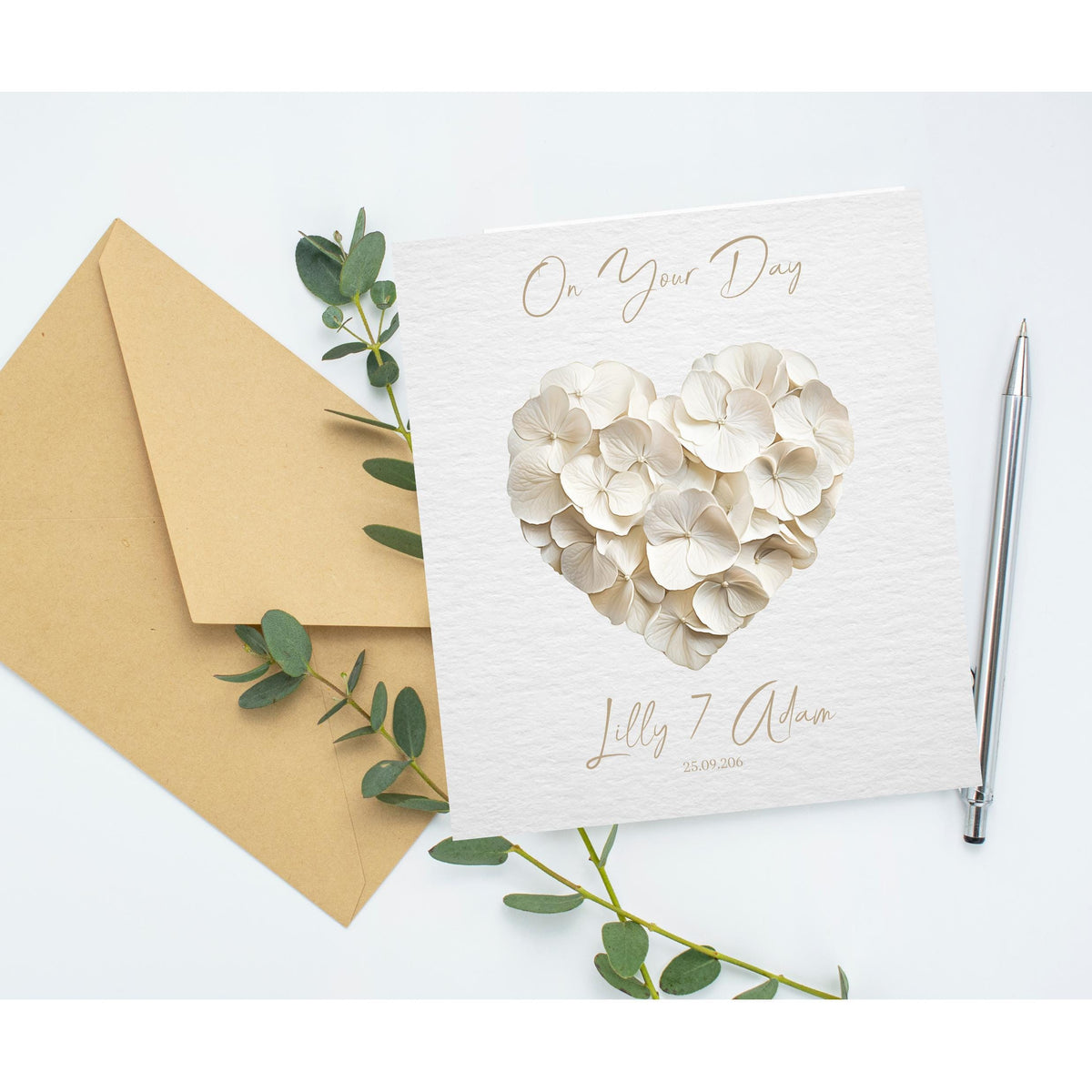Custom Floral Heart Wedding Card, Personalized Names and Date, Foil Finish