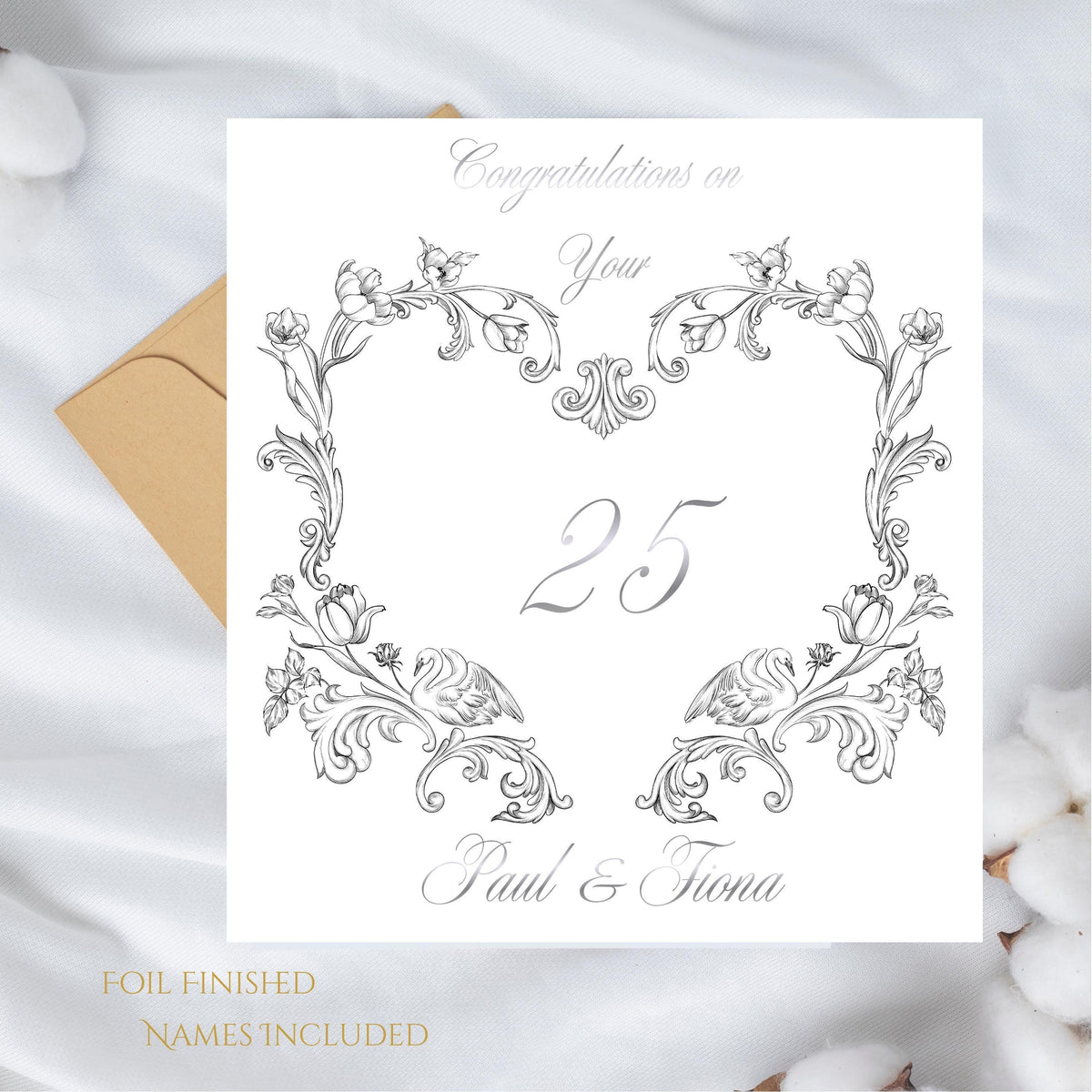 25Th Anniversary Card with Silver Foiled Design, Personalized Floral Keepsake