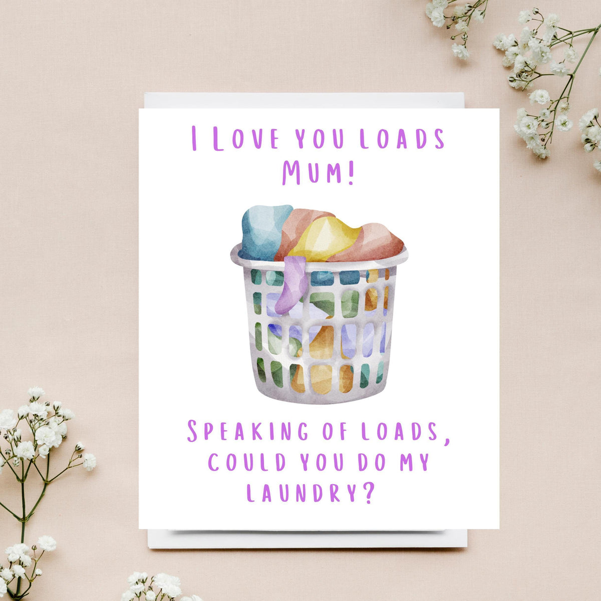 Humorous Laundry Card for Mum, Colorful Basket Illustration, Blank Inside