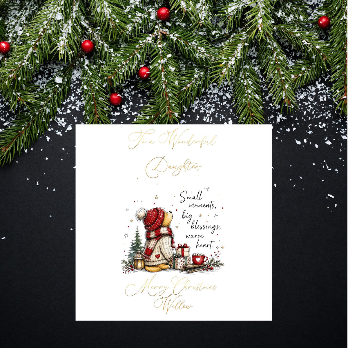 Christmas Card, Personalised Foil Finish with Festive Teddy Bear