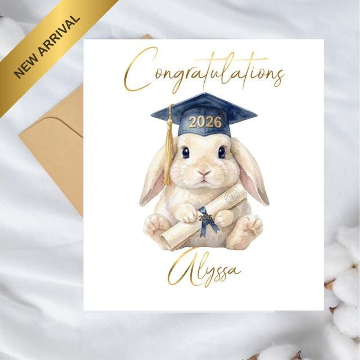 Custom Graduation Card with Bunny Illustration and Foil Finish Matching Gift Tag Available