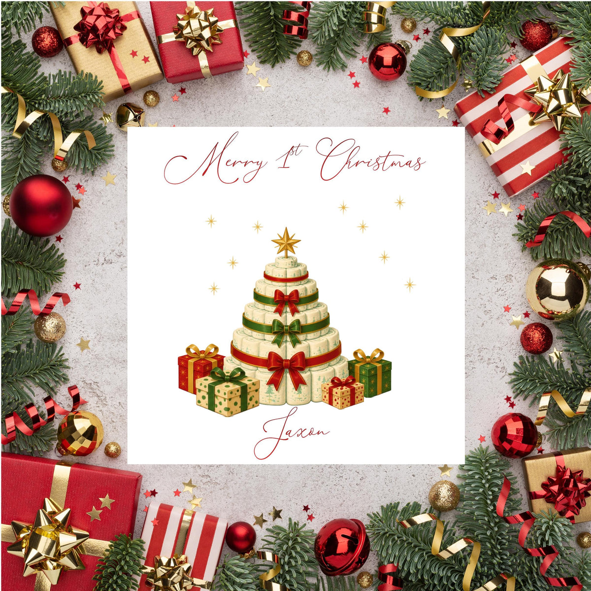 Personalised 1st Christmas Card, Custom Child Name 1st Greeting, Red Foil Finish