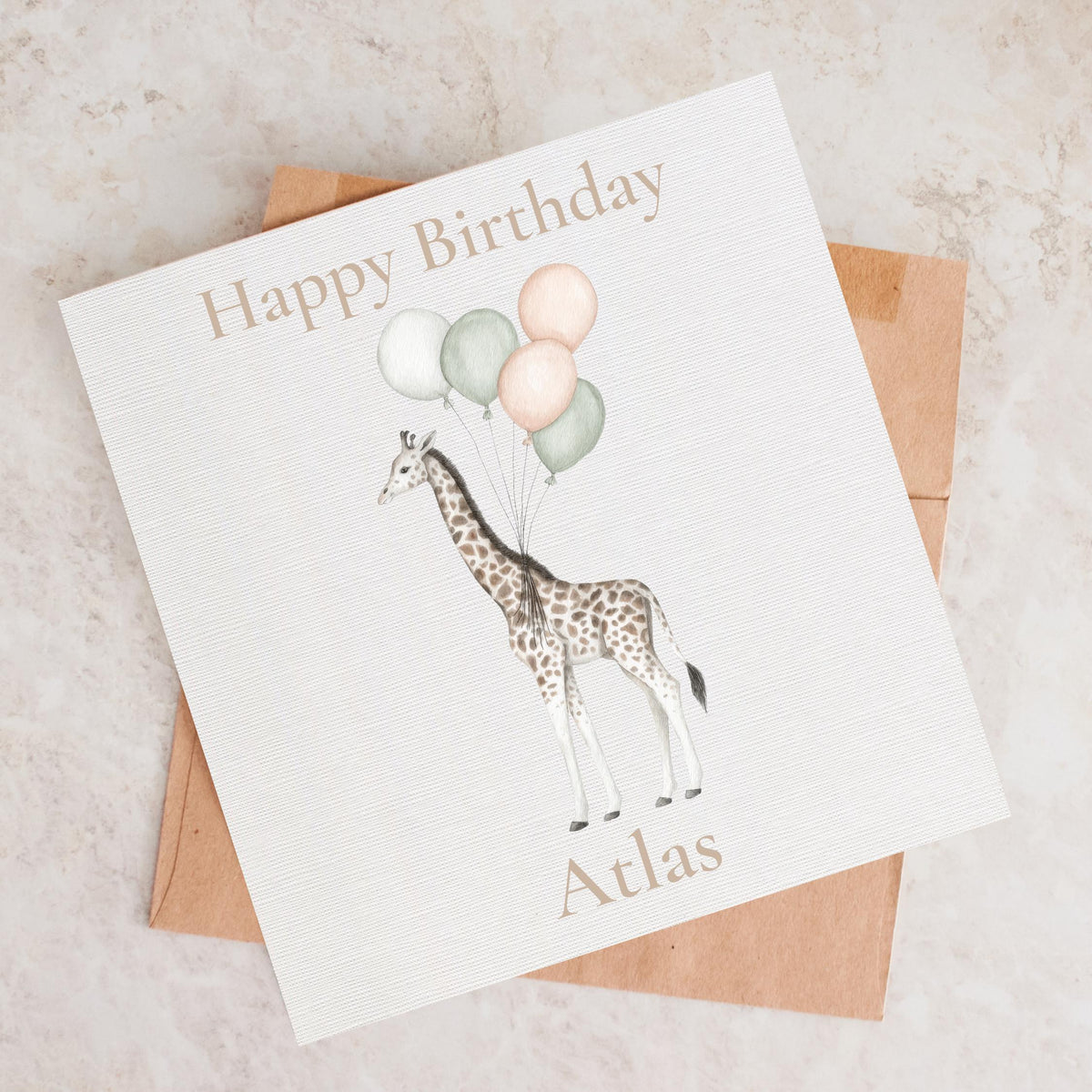 Personalised Giraffe Birthday Card, Pastel Balloons, Custom Name Keepsake, Linen Cardstock