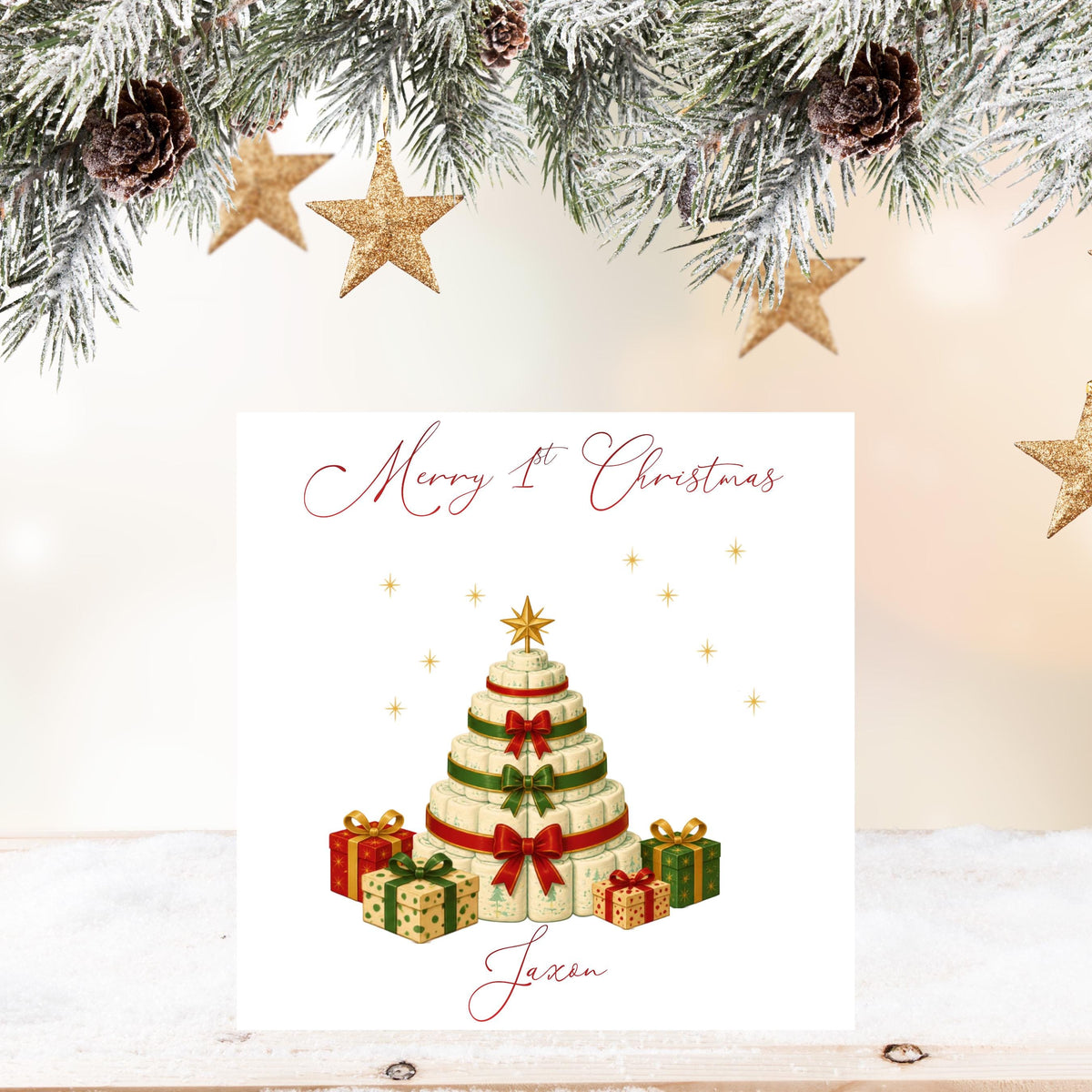 Personalised 1st Christmas Card, Custom Child Name 1st Greeting, Red Foil Finish