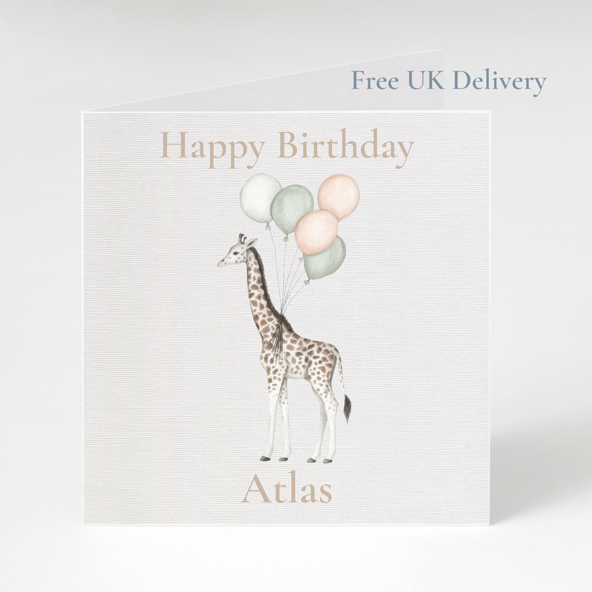 Personalised Giraffe Birthday Card, Pastel Balloons, Custom Name Keepsake, Linen Cardstock