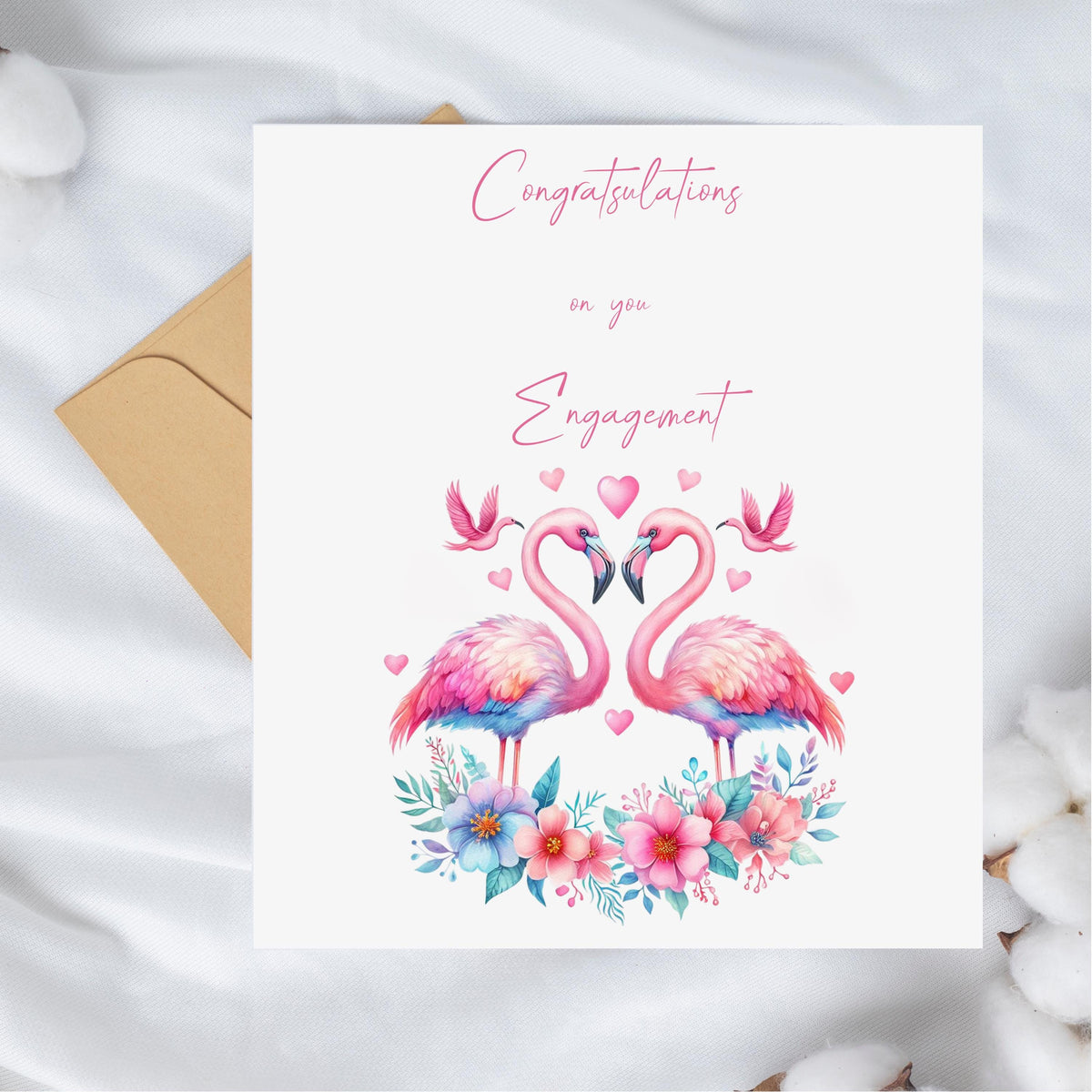 Engagement Card with Pink Flamingos, 6 x 6 Handwritten Style Design