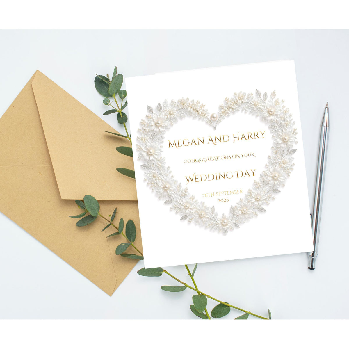Custom Wedding Card with Foil Finish and Faux Pearl Accents
