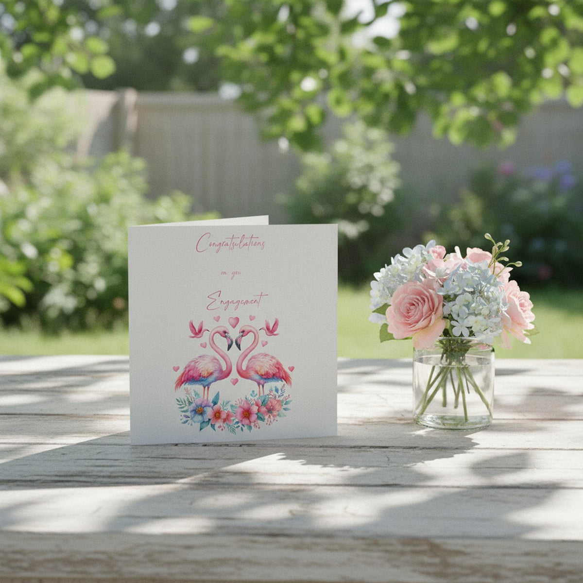 Engagement Card with Pink Flamingos, 6 x 6 Handwritten Style Design