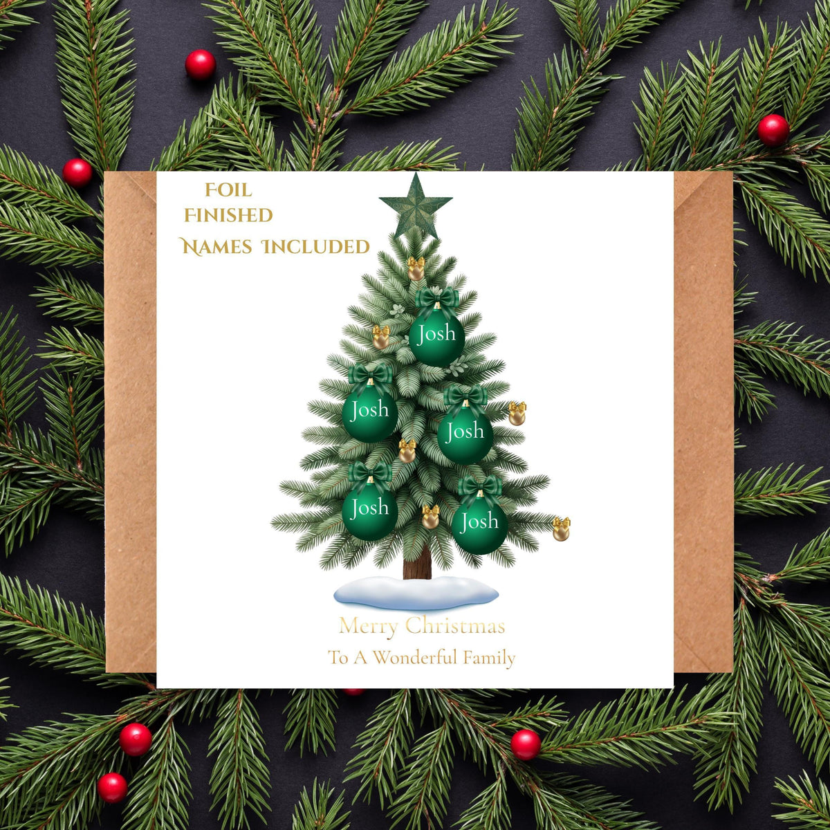 Custom Family Card with Foil Finish, Personalized Names for Holiday Greetings