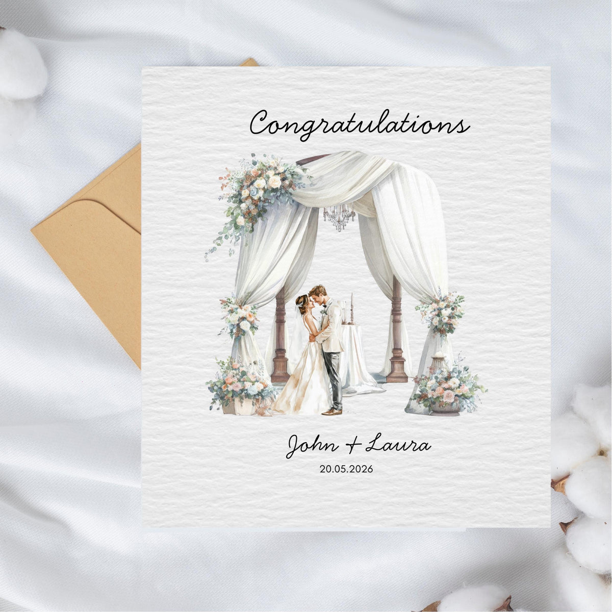 Custom Wedding Card with Floral Watercolour Design, Personalized Names and Date