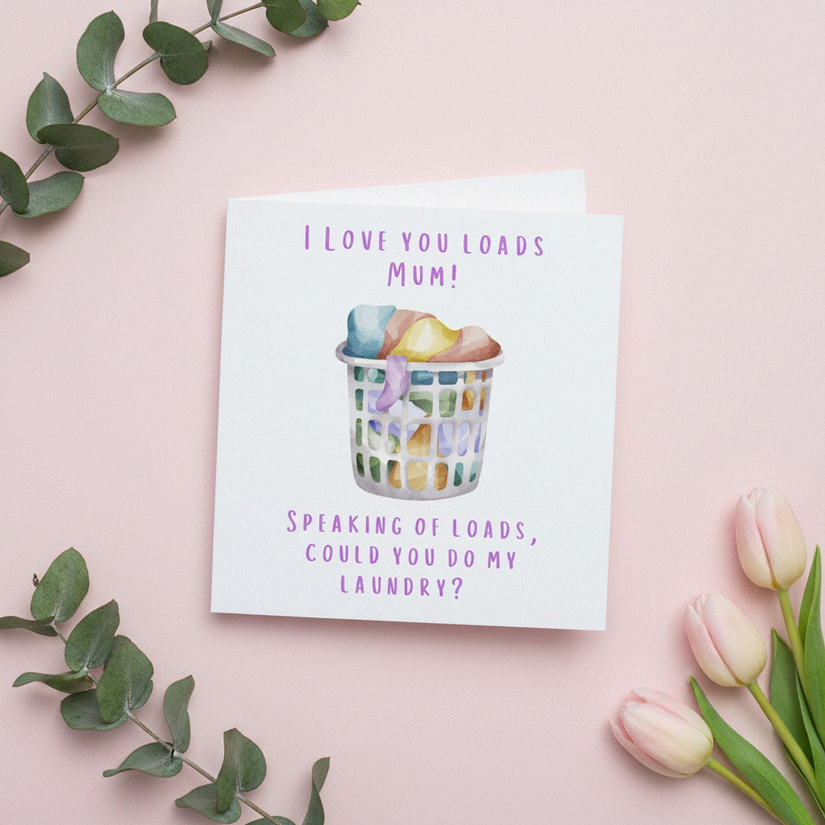Humorous Laundry Card for Mum, Colorful Basket Illustration, Blank Inside