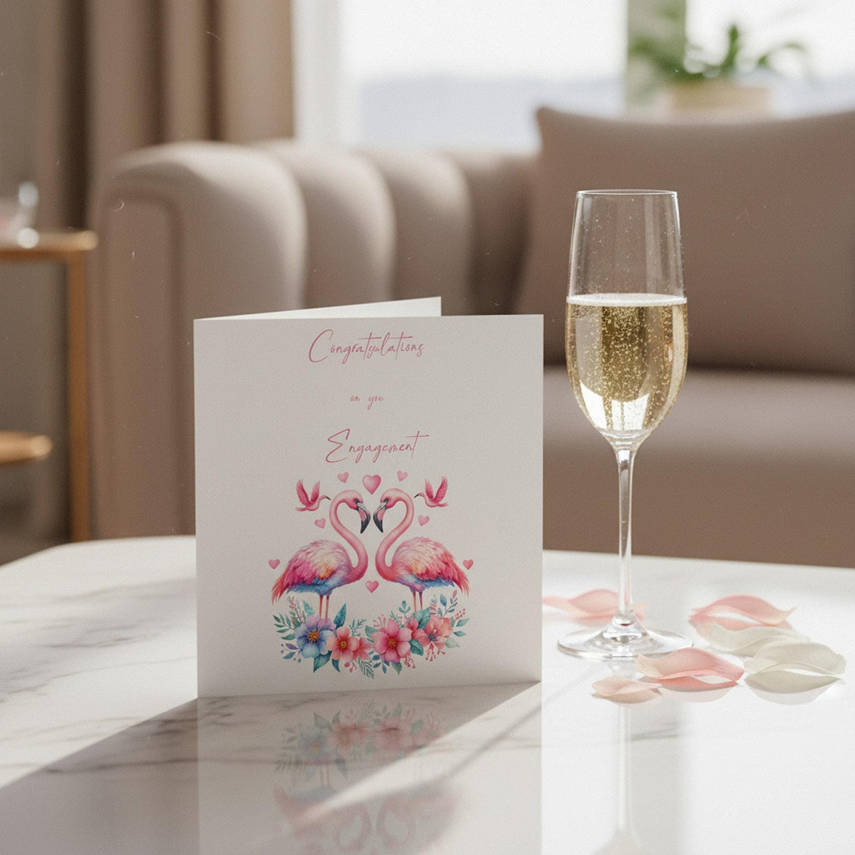 Engagement Card with Pink Flamingos, 6 x 6 Handwritten Style Design