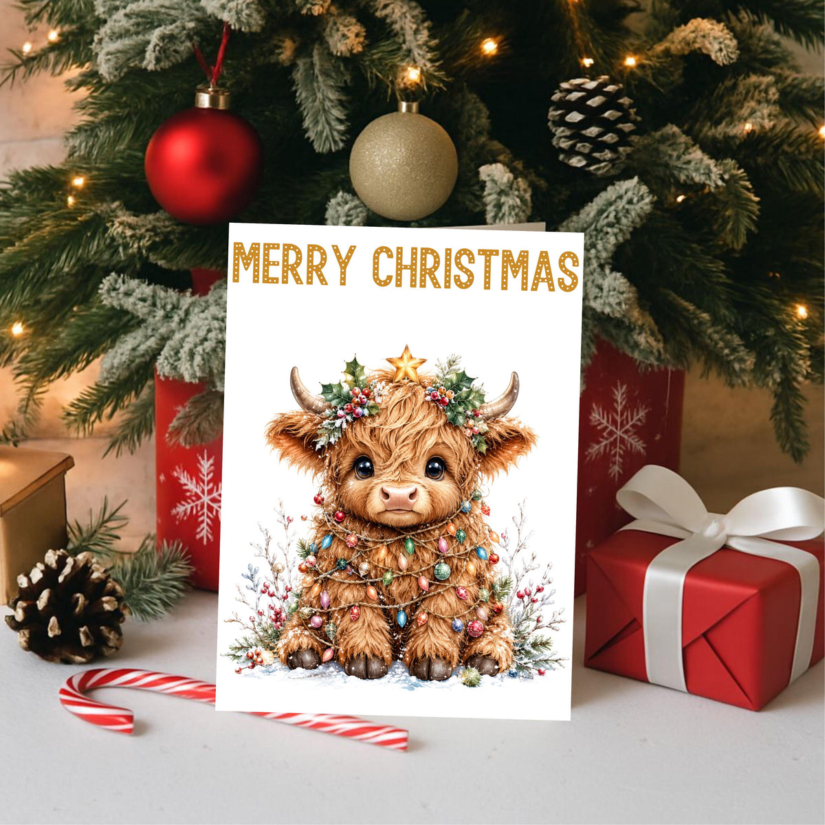 Christmas Card Set, Six Highland Cow Designs, 3 x 6 Inch Glossy Cardstock