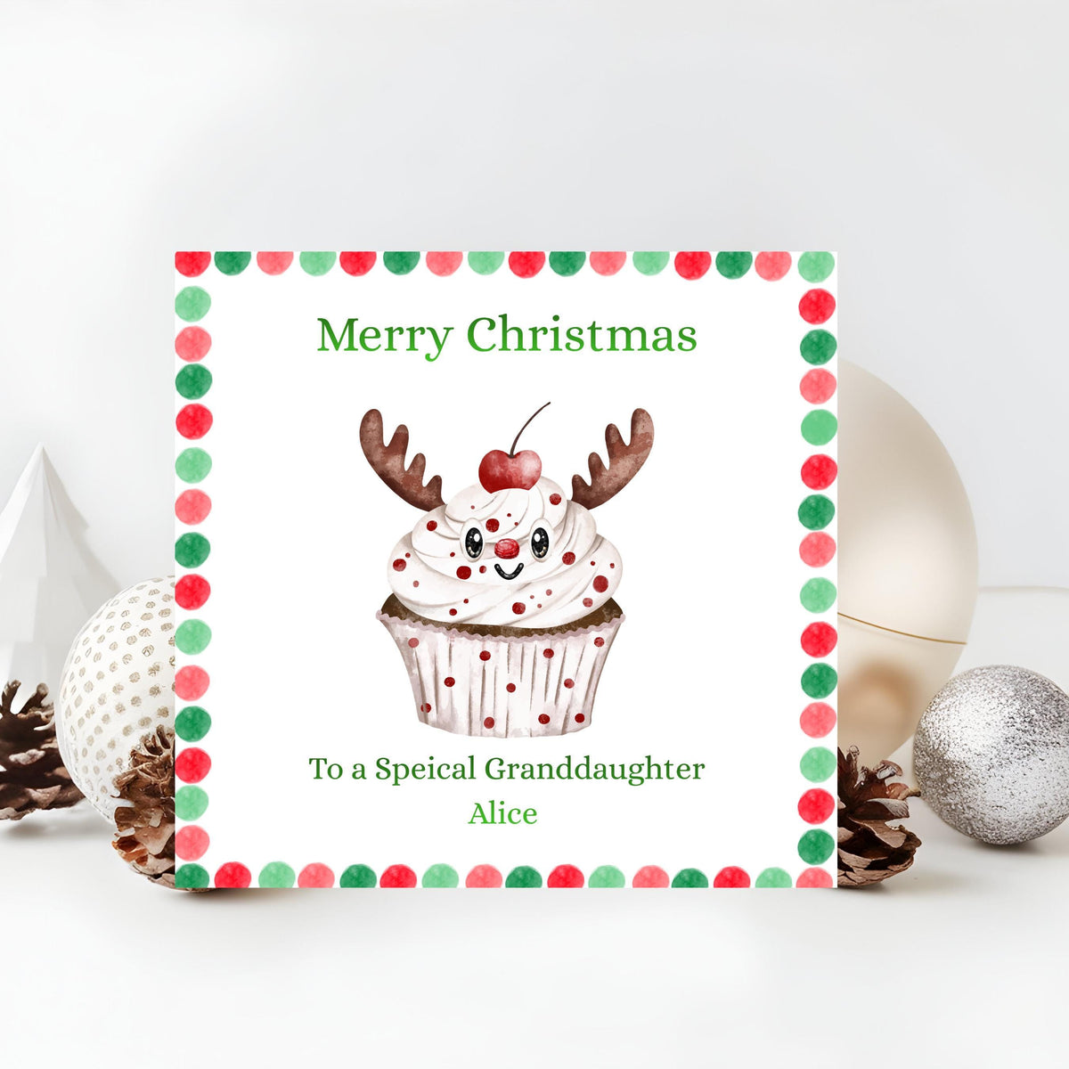 Personalized Card, Christmas Reindeer Cupcake Design with Seven Foil Colours