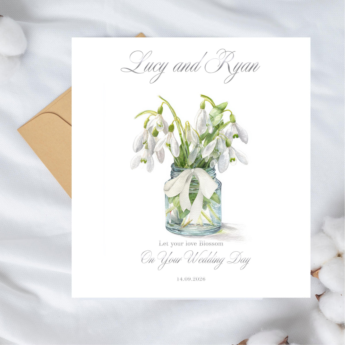 Personalised Snow Drop Wedding Card – Custom Names, Date, Floral Design