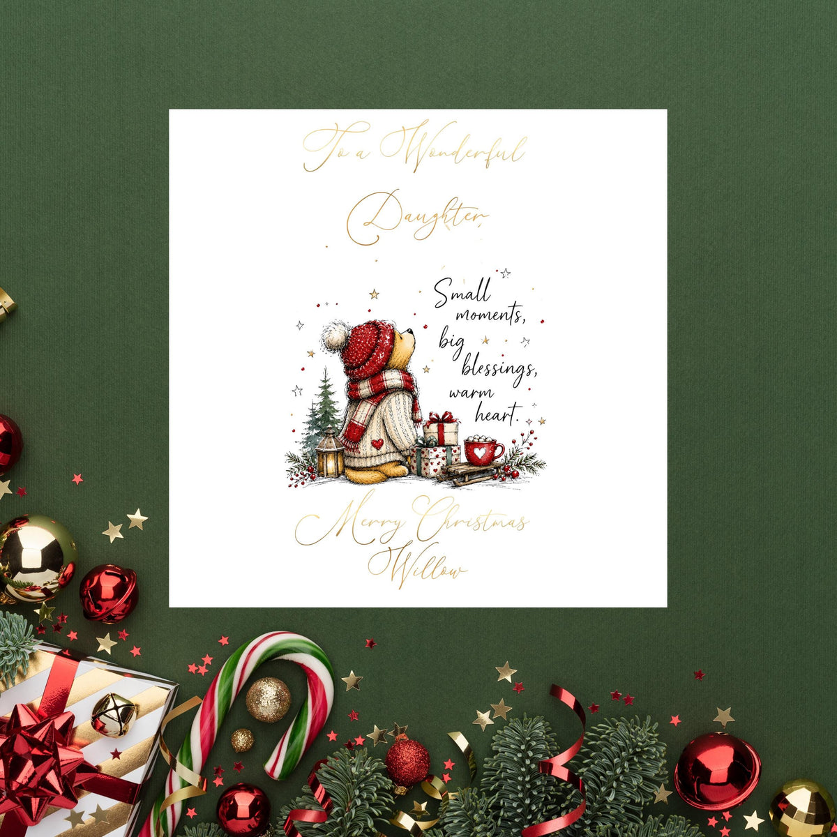Christmas Card, Personalised Foil Finish with Festive Teddy Bear