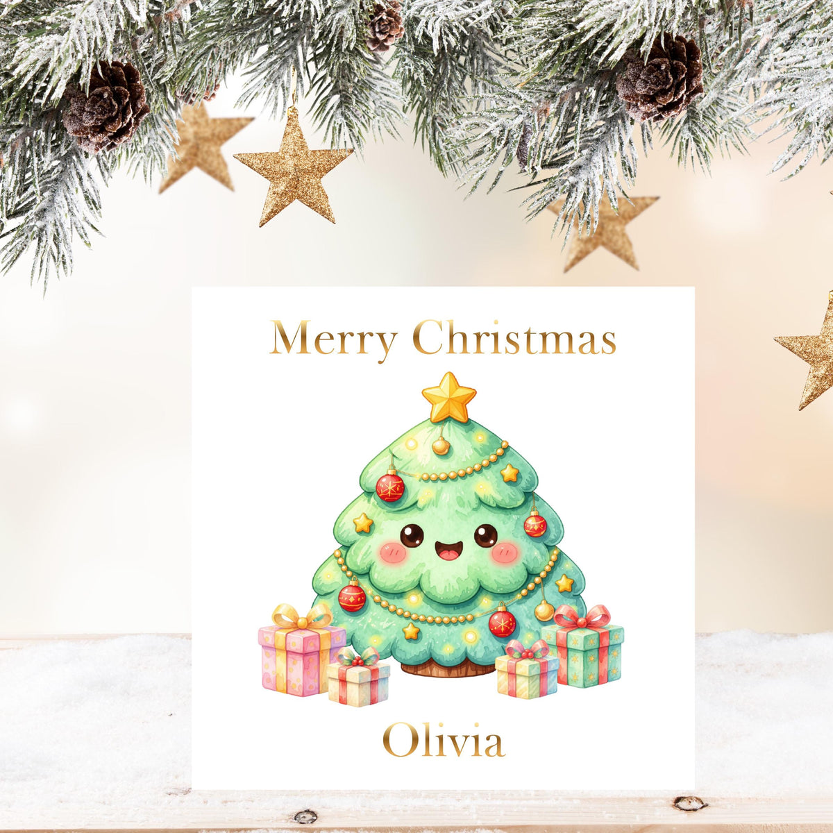 Personalised Name Christmas Tree Card, Gold Foil Finish