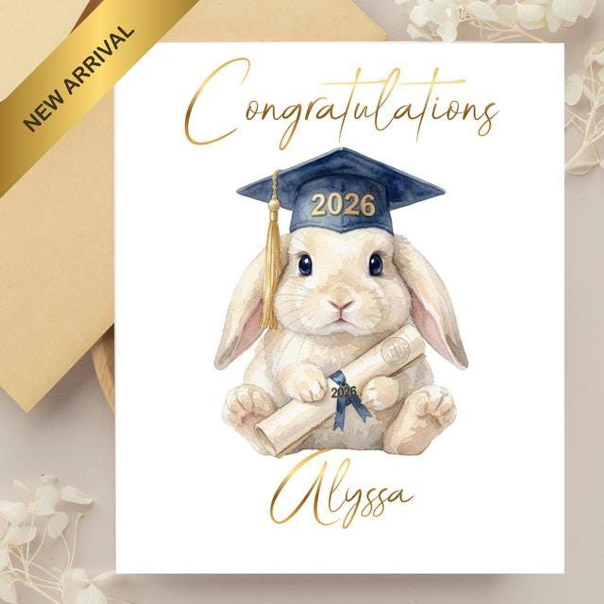 Custom Graduation Card with Bunny Illustration and Foil Finish Matching Gift Tag Available