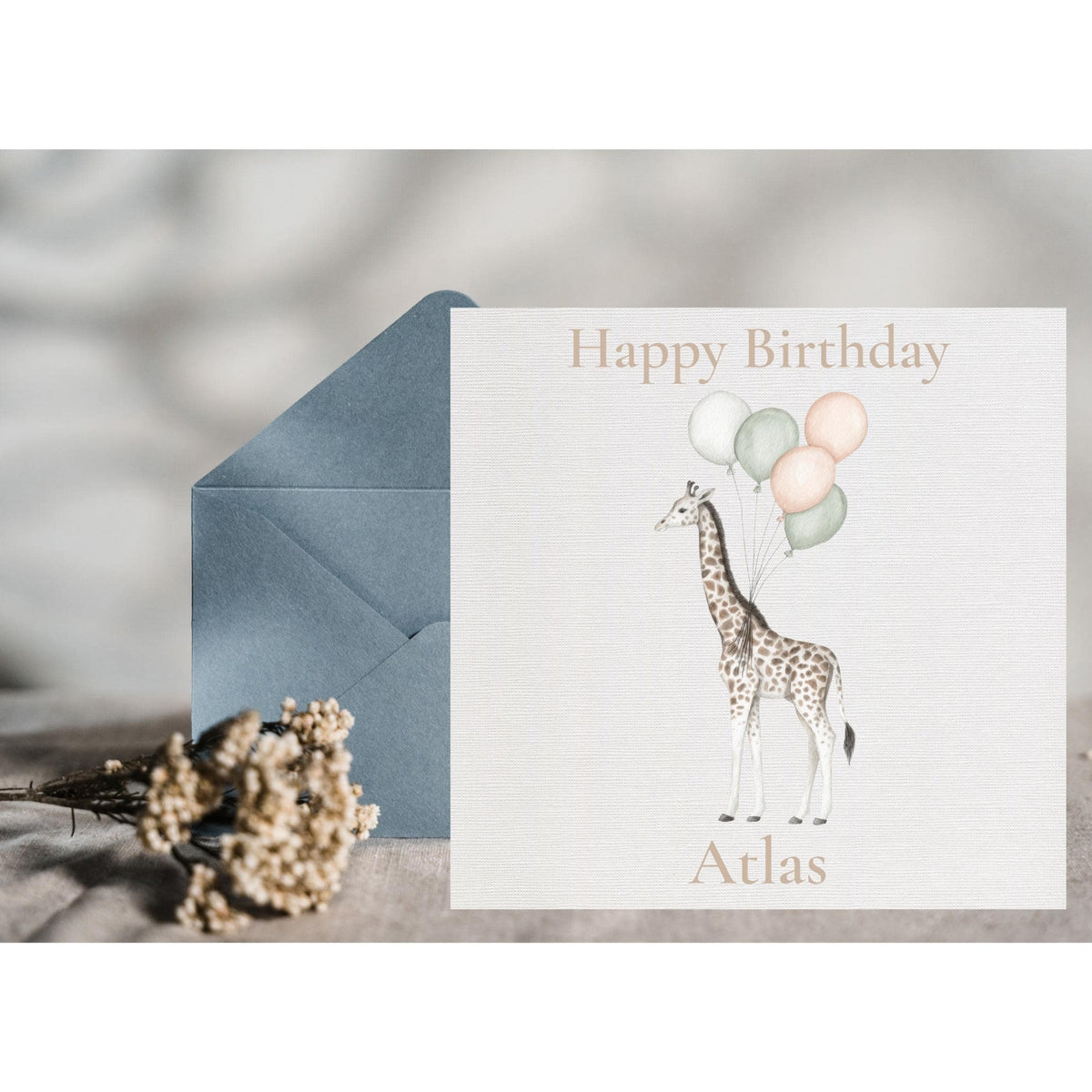 Personalised Giraffe Birthday Card, Pastel Balloons, Custom Name Keepsake, Linen Cardstock
