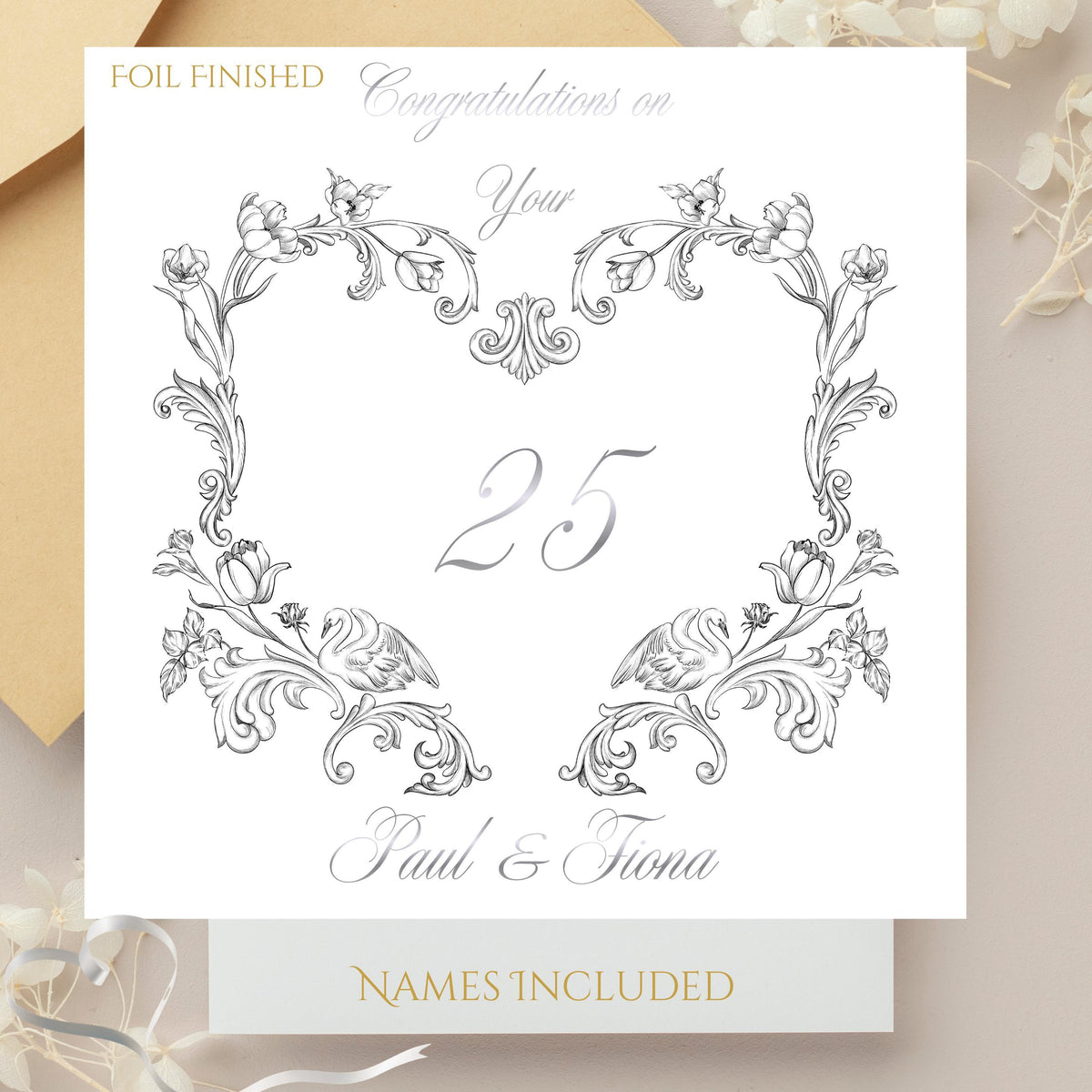 25Th Anniversary Card with Silver Foiled Design, Personalized Floral Keepsake