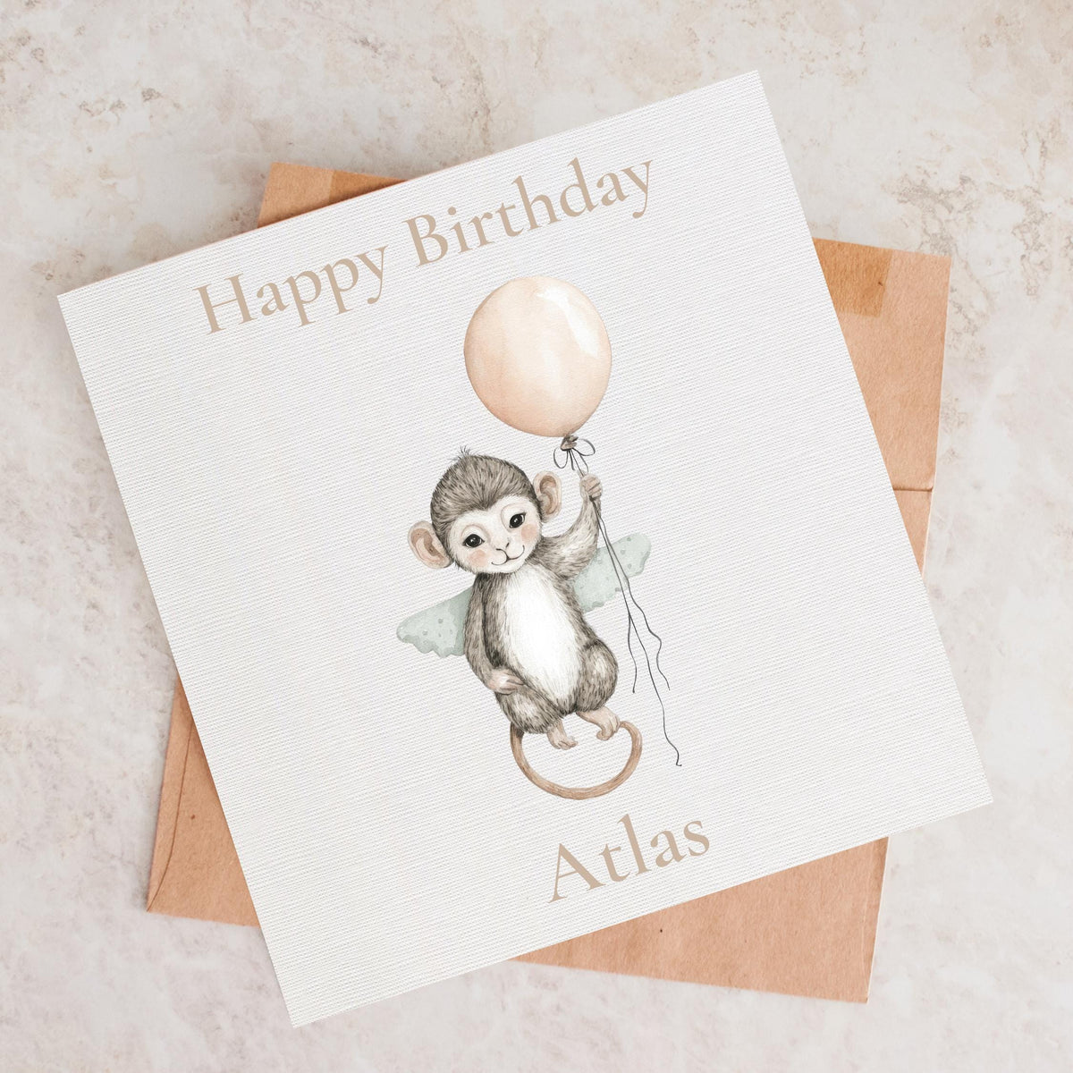 Personalised Baby Monkey Birthday Card | First 1st Celebration, Kids, Zoo Animal with Balloon, Custom