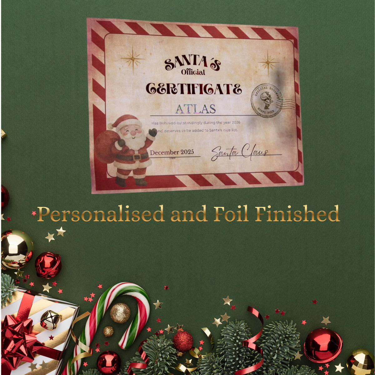 Personalised Santa Nice List Certificate with Foiled Finish, A4