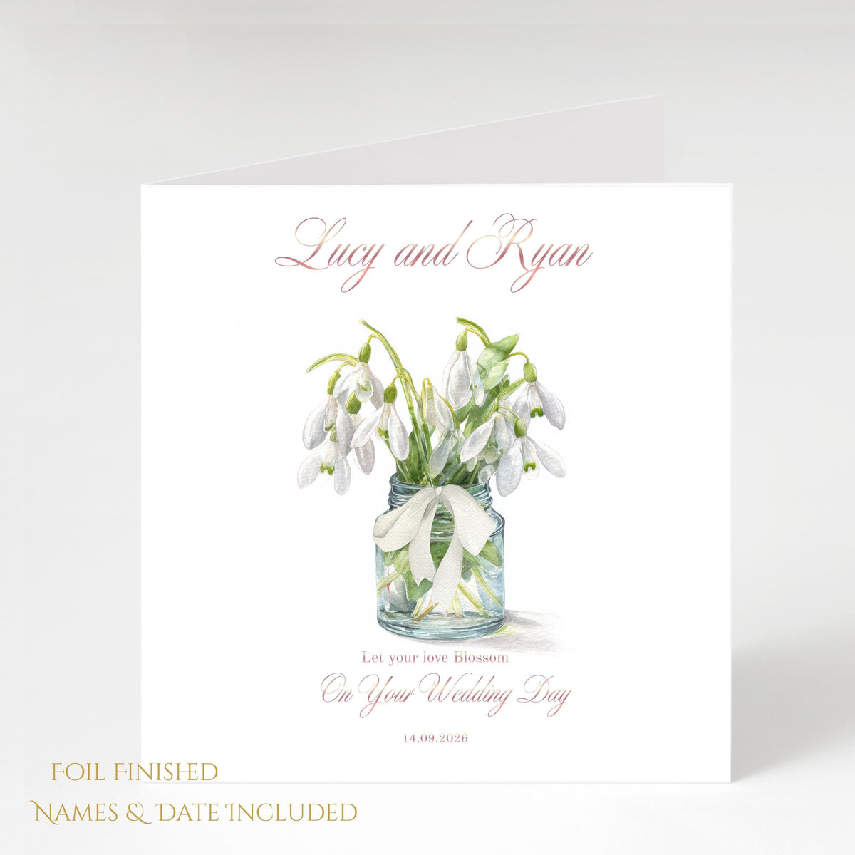 Personalised Snow Drop Wedding Card – Custom Names, Date, Floral Design