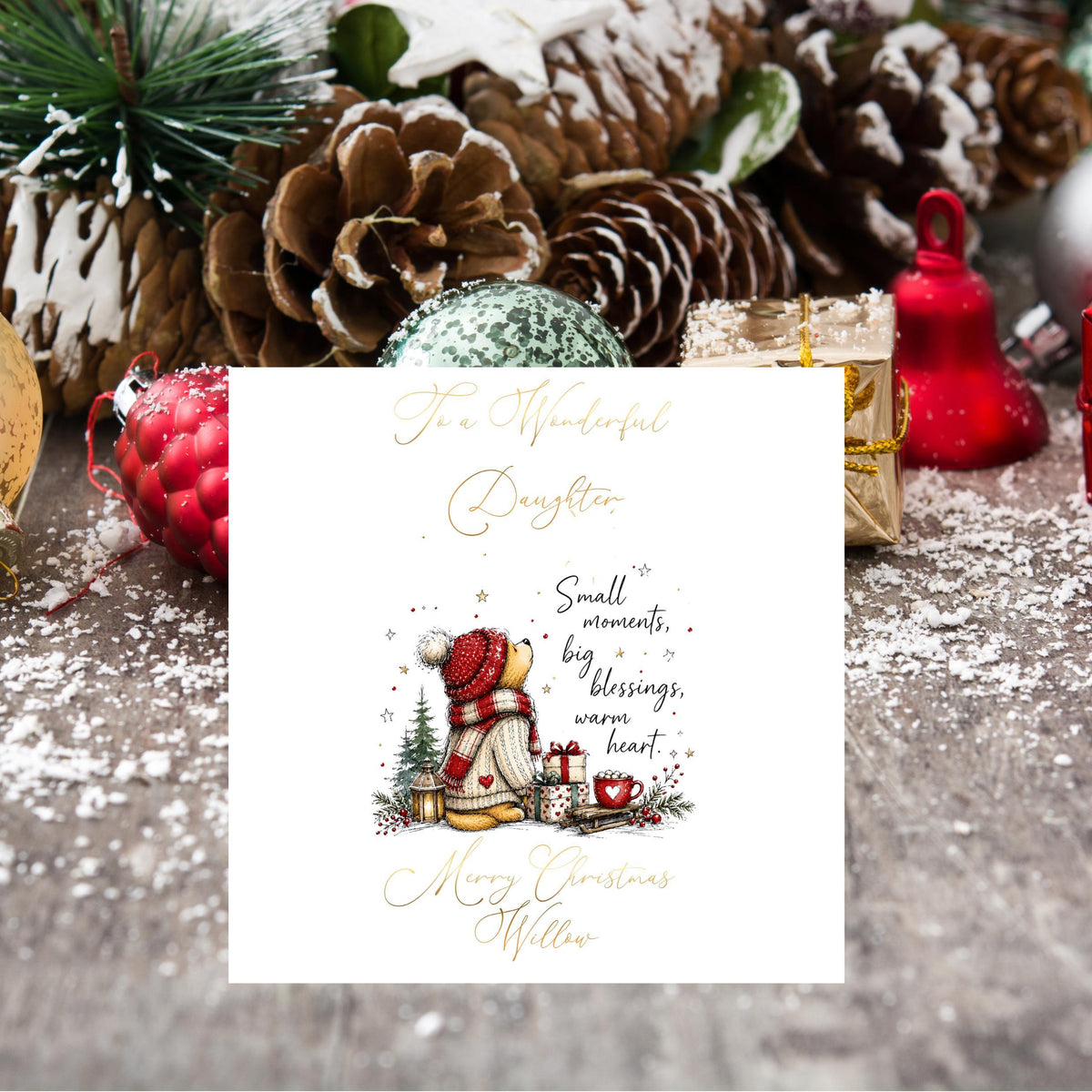 Christmas Card, Personalised Foil Finish with Festive Teddy Bear