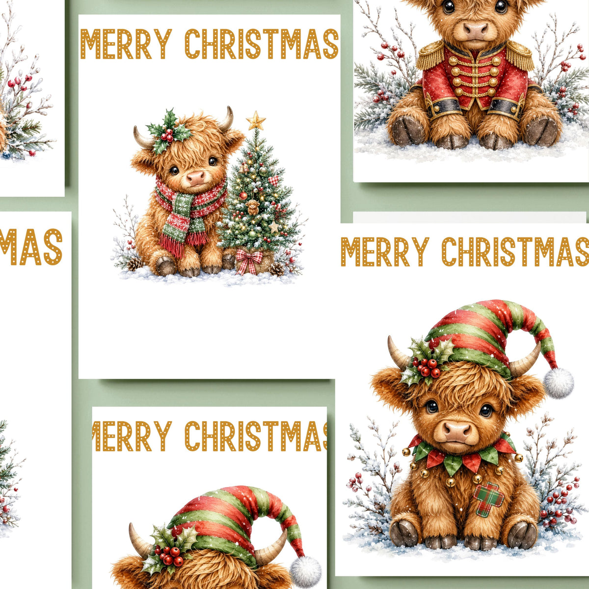 Christmas Card Set, Six Highland Cow Designs, 3 x 6 Inch Glossy Cardstock