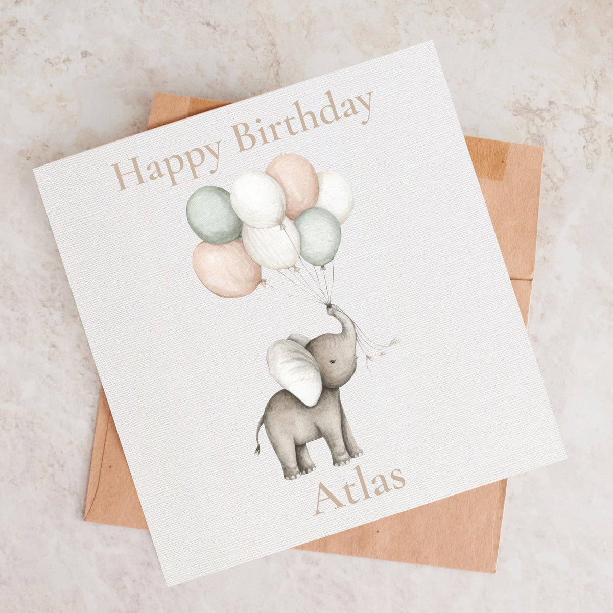 Custom Birthday Card, Elephant Illustration with Balloon Art, Kid's Gift